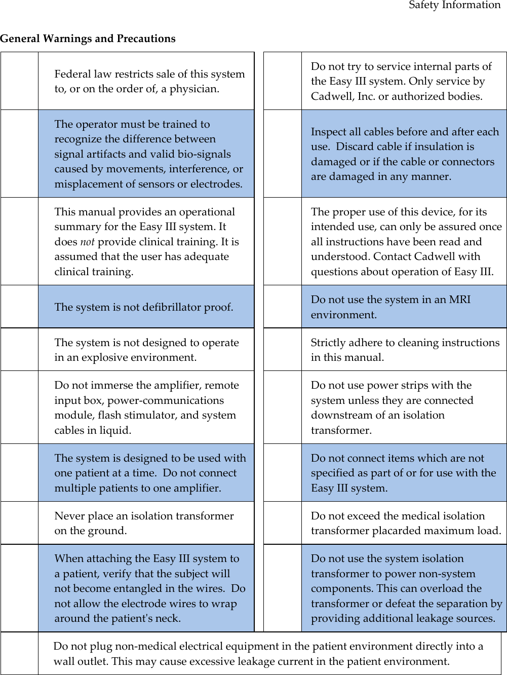 Safety Information General Warnings and Precautions  Federal law restricts sale of this system to, or on the order of, a physician.   Do not try to service internal parts of the Easy III system. Only service by Cadwell, Inc. or authorized bodies.  The operator must be trained to recognize the difference between signal artifacts and valid bio-signals caused by movements, interference, or misplacement of sensors or electrodes.   Inspect all cables before and after each use.  Discard cable if insulation is damaged or if the cable or connectors are damaged in any manner.  This manual provides an operational summary for the Easy III system. It does not provide clinical training. It is assumed that the user has adequate clinical training.   The proper use of this device, for its intended use, can only be assured once all instructions have been read and understood. Contact Cadwell with questions about operation of Easy III.   The system is not defibrillator proof.   Do not use the system in an MRI environment.  The system is not designed to operate in an explosive environment.   Strictly adhere to cleaning instructions in this manual.  Do not immerse the amplifier, remote input box, power-communications module, flash stimulator, and system cables in liquid.   Do not use power strips with the system unless they are connected downstream of an isolation transformer.  The system is designed to be used with one patient at a time.  Do not connect multiple patients to one amplifier.   Do not connect items which are not specified as part of or for use with the Easy III system.  Never place an isolation transformer on the ground.   Do not exceed the medical isolation transformer placarded maximum load.  When attaching the Easy III system to a patient, verify that the subject will not become entangled in the wires.  Do not allow the electrode wires to wrap around the patient&apos;s neck.   Do not use the system isolation transformer to power non-system components. This can overload the transformer or defeat the separation by providing additional leakage sources.  Do not plug non-medical electrical equipment in the patient environment directly into a wall outlet. This may cause excessive leakage current in the patient environment.  