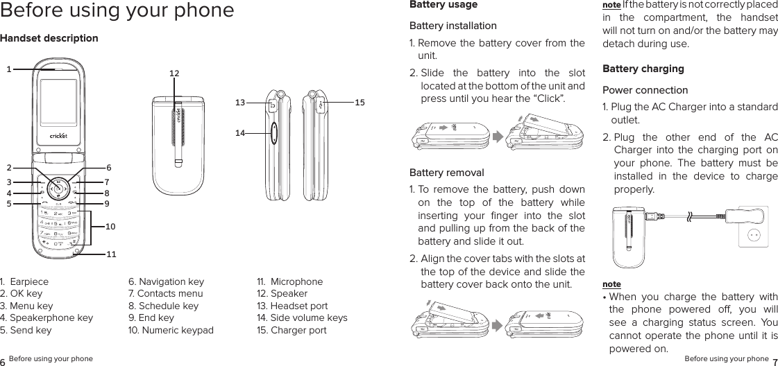 6 Before using your phone Before using your phone 7Before using your phoneHandset descriptionBattery usageBattery installation1.  Remove the battery cover  from the unit.2.  Slide  the  battery  into  the  slot  located at the bottom of the unit and press until you hear the “Click”.Battery removal1.  To  remove  the  battery,  push  down on  the  top  of  the  battery  while  inserting  your  ﬁnger  into  the  slot and pulling up from the back of the battery and slide it out.2.  Align the cover tabs with the slots at the top of the device and slide the battery cover back onto the unit.note If the battery is not correctly placed in  the  compartment,  the  handset  will not turn on and/or the battery may detach during use.Battery chargingPower connection1.  Plug the AC Charger into a standard outlet.2.  Plug  the  other  end  of  the  AC Charger  into  the  charging  port  on your  phone.  The  battery  must  be installed  in  the  device  to  charge properly.note •  When  you  charge  the  battery  with the  phone  powered  o,  you  will see  a  charging  status  screen.  You cannot operate the phone  until  it is powered on.1.  Earpiece2. OK key3.  Menu key4. Speakerphone key5. Send key6. Navigation key7. Contacts menu8. Schedule key9. End key10. Numeric keypad11.  Microphone12. Speaker13. Headset port14. Side volume keys15. Charger port12314578911102 6131415