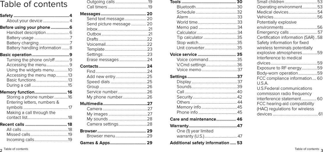 Table of contentsSafety ................................................4About your device .......................... 4Before using your phone ................6Handset description ....................... 6Battery usage ....................................7Battery charging ...............................7Battery handling information ....... 8Basic operation ................................9Turning the phone on/o .............. 9Accessing the menu ....................... 9Using the widgets menu ..............10Accessing the menu map ............13Basic functions ................................13During a call .....................................15Memory function ............................ 16Storing a phone number ..............16Entering letters, numbers &amp; symbols ............................................. 17Making a call through the contact list .........................................18Recent calls .................................... 18All calls ...............................................18Missed calls ......................................19Incoming calls ..................................19Outgoing calls .................................19Call timers .........................................19Messages ....................................... 20Send text message ...................... 20Send picture message ............... 20Inbox ...................................................21Outbox ...............................................21Drafts .................................................22Voicemail ..........................................22Template ...........................................23Settings .............................................23Erase messages ............................24Contacts ......................................... 24Find ....................................................24Add new entry ................................25Speed dials .....................................25Group ................................................26Service number ..............................26My phone number .........................26Multimedia ......................................27Camera .............................................27My images .......................................27My sounds .......................................28Camera settings .............................28Browser .......................................... 29Browser menu ................................29Games &amp; Apps ............................... 292 Table of contentsTools ............................................... 30Bluetooth ..........................................30Schedule ..........................................32Alarm .................................................33World time ........................................33Memo pad .......................................34Calculator .........................................34Tip calculator ..................................35Stop watch .......................................3 5      Unit converter .................................35Voice service ................................. 35Voice command .............................35V.Cmd settings ...............................36Voice memo .................................... 37Settings ...........................................37Display .............................................. 37Sounds ..............................................39Call .....................................................40Security .............................................42Others ...............................................44Memory info ....................................45Phone info .......................................45Care and maintenance ................. 46Warranty..........................................47One (1) year limited warranty (U.S.) .................................47Additional safety information ..... 53Small children .................................53Operating environment ...............53Medical devices .............................54Vehicles ............................................56Potentially explosive environments ..................................56Emergency calls ............................57Certiﬁcation information (SAR) ..58Safety information for ﬁxed wireless terminals potentially explosive atmospheres ...............59Interference to medical  divices ...............................................59Exposure to RF energy ................59Body-worn operation ...................59FCC compliance information .... 60U.S.A.  U.S.Federal communications  commission radio frequency interference statement ............... 60FCC hearing-aid compatibility (HAC) regulations for wireless devices ..............................................61Table of contents 3