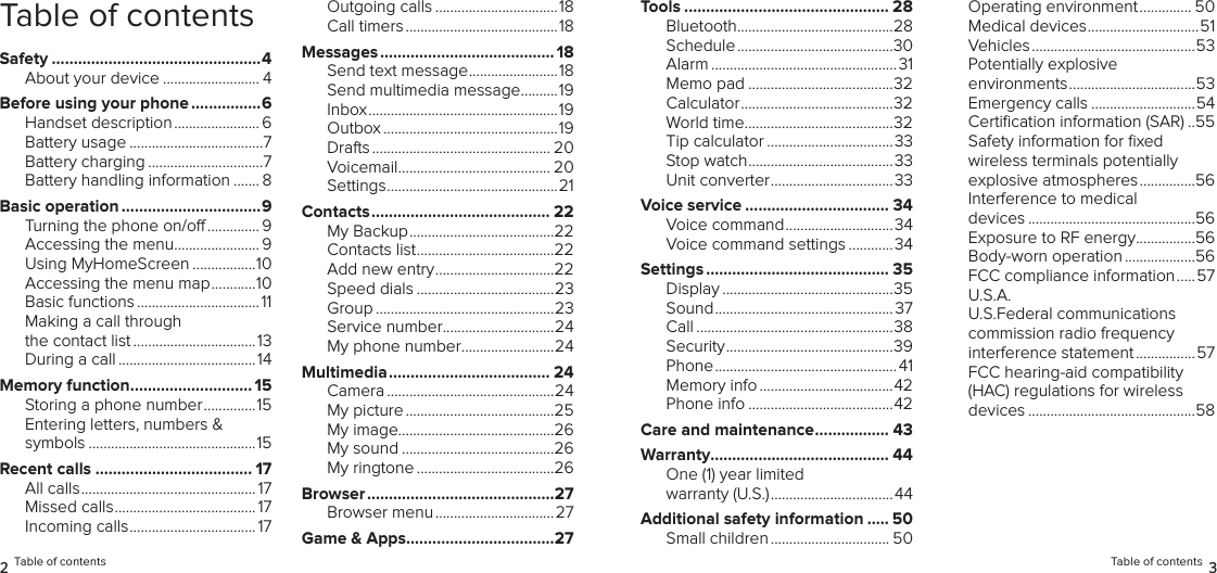 Table of contentsSafety ................................................4About your device .......................... 4Before using your phone ................6Handset description ....................... 6Battery usage ....................................7Battery charging ...............................7Battery handling information ....... 8Basic operation ................................9Turning the phone on/o .............. 9Accessing the menu ....................... 9Using MyHomeScreen .................10Accessing the menu map ............10Basic functions .................................11Making a call through the contact list .................................13During a call .....................................14Memory function ............................ 15Storing a phone number ..............15Entering letters, numbers &amp; symbols .............................................15Recent calls .................................... 17All calls ............................................... 17Missed calls ...................................... 17Incoming calls .................................. 17Outgoing calls .................................18Call timers .........................................18Messages ........................................18Send text message ........................18Send multimedia message ..........19Inbox ...................................................19Outbox ...............................................19Drafts ................................................ 20Voicemail ......................................... 20Settings ..............................................21Contacts ......................................... 22My Backup .......................................22Contacts list .....................................22Add new entry ................................22Speed dials .....................................23Group ................................................23Service number ..............................24My phone number .........................24Multimedia ..................................... 24Camera .............................................24My picture ........................................25My image..........................................26My sound .........................................26My ringtone .....................................26Browser ...........................................27Browser menu ................................27Game &amp; Apps ..................................272 Table of contentsTools ............................................... 28Bluetooth ..........................................28Schedule ..........................................30Alarm .................................................. 31Memo pad .......................................32Calculator .........................................32World time ........................................32Tip calculator ..................................33Stop watch .......................................3 3     Unit converter .................................33Voice service ................................. 34Voice command .............................34Voice command settings ............34Settings .......................................... 35Display ..............................................35Sound ................................................ 37Call .....................................................38Security .............................................39Phone .................................................41Memory info ....................................42Phone info .......................................42Care and maintenance ................. 43Warranty......................................... 44One (1) year limited warranty (U.S.) .................................44Additional safety information ..... 50Small children ................................ 50Operating environment .............. 50Medical devices ..............................51Vehicles ............................................53Potentially explosive environments ..................................53Emergency calls ............................54Certiﬁcation information (SAR) ..55Safety information for ﬁxed wireless terminals potentially explosive atmospheres ...............56Interference to medical  devices .............................................56Exposure to RF energy ................56Body-worn operation ...................56FCC compliance information .....57U.S.A.  U.S.Federal communications  commission radio frequency interference statement ................57FCC hearing-aid compatibility (HAC) regulations for wireless devices .............................................58Table of contents 3