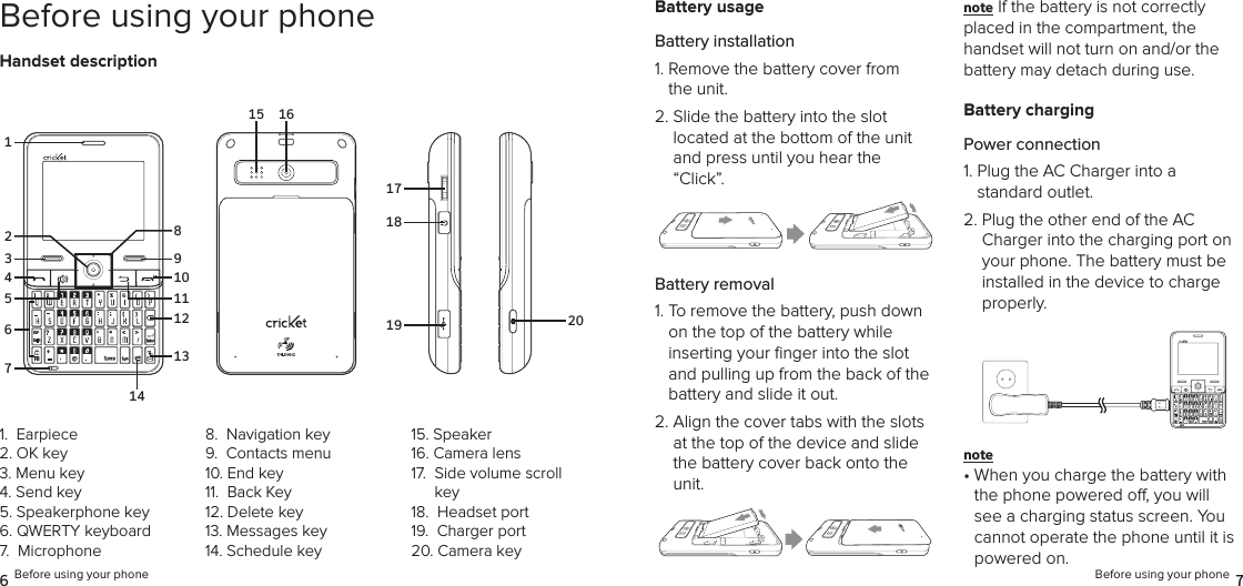 6 Before using your phone Before using your phone 7Before using your phoneHandset descriptionBattery usageBattery installation1.  Remove the battery cover from the unit.2.  Slide the battery into the slot  located at the bottom of the unit and press until you hear the “Click”.Battery removal1.  To remove the battery, push down on the top of the battery while  inserting your ﬁnger into the slot and pulling up from the back of the battery and slide it out.2.  Align the cover tabs with the slots at the top of the device and slide the battery cover back onto the unit.note If the battery is not correctly placed in the compartment, the  handset will not turn on and/or the battery may detach during use.Battery chargingPower connection1.  Plug the AC Charger into a  standard outlet.2.  Plug the other end of the AC Charger into the charging port on your phone. The battery must be installed in the device to charge properly.note •  When you charge the battery with the phone powered o, you will see a charging status screen. You cannot operate the phone until it is powered on.1.  Earpiece2. OK key3.  Menu key4. Send key5. Speakerphone key6. QWERTY keyboard7.  Microphone8.  Navigation key9.  Contacts menu10. End key11.  Back Key12. Delete key13. Messages key14. Schedule key15. Speaker16. Camera lens17.   Side volume scroll key18.  Headset port19.  Charger port 20. Camera key1615171819 203714659101113122814