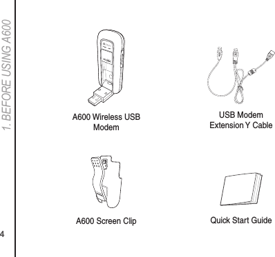 41. BEFORE USING A600A600 Wireless USB ModemA600 Screen ClipUSB Modem Extension Y CableQuick Start Guide