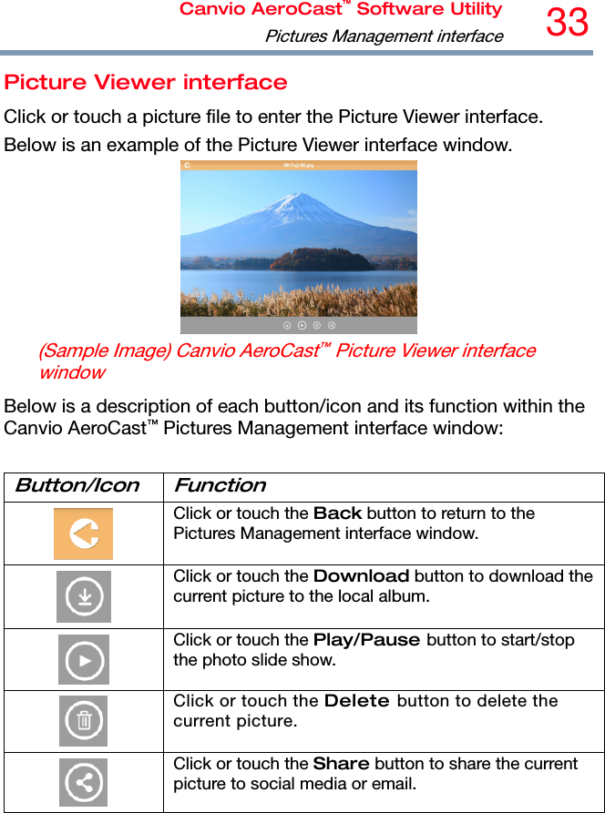 Canvio AeroCast™ Software UtilityPictures Management interface33 Picture Viewer interface Click or touch a picture file to enter the Picture Viewer interface. Below is an example of the Picture Viewer interface window.  (Sample Image) Canvio AeroCast™ Picture Viewer interface window Below is a description of each button/icon and its function within the Canvio AeroCast™ Pictures Management interface window:  Button/Icon Function  Click or touch the Back button to return to the Pictures Management interface window.  Click or touch the Download button to download the current picture to the local album.  Click or touch the Play/Pause button to start/stop the photo slide show.  Click or touch the Delete button to delete the current picture.  Click or touch the Share button to share the current picture to social media or email. 