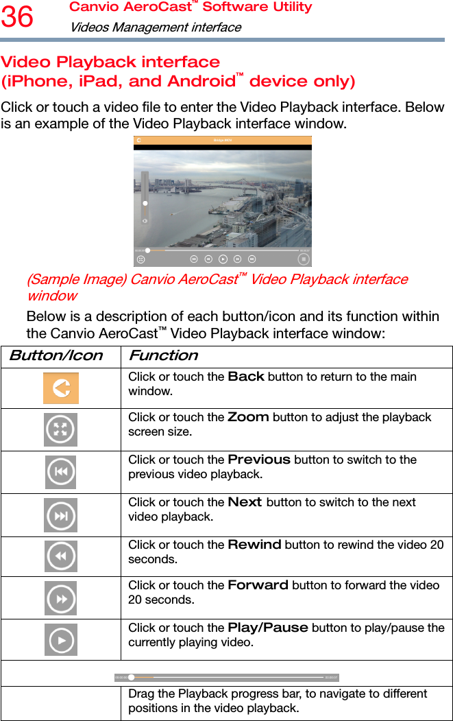 36  Canvio AeroCast™ Software Utility Videos Management interface  Video Playback interface (iPhone, iPad, and Android™ device only) Click or touch a video file to enter the Video Playback interface. Below is an example of the Video Playback interface window.  (Sample Image) Canvio AeroCast™ Video Playback interface window Below is a description of each button/icon and its function within the Canvio AeroCast™ Video Playback interface window: Button/Icon Function  Click or touch the Back button to return to the main window.  Click or touch the Zoom button to adjust the playback screen size.  Click or touch the Previous button to switch to the previous video playback.  Click or touch the Next button to switch to the next video playback.  Click or touch the Rewind button to rewind the video 20 seconds.  Click or touch the Forward button to forward the video 20 seconds.  Click or touch the Play/Pause button to play/pause the currently playing video.   Drag the Playback progress bar, to navigate to different positions in the video playback.  