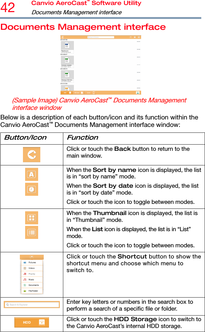 42  Canvio AeroCast™ Software Utility Documents Management interface   Documents Management interface  (Sample Image) Canvio AeroCast™ Documents Management interface window Below is a description of each button/icon and its function within the Canvio AeroCast™ Documents Management interface window: Button/Icon Function  Click or touch the Back button to return to the main window.   When the Sort by name icon is displayed, the list is in “sort by name” mode. When the Sort by date icon is displayed, the list is in “sort by date” mode. Click or touch the icon to toggle between modes.   When the Thumbnail icon is displayed, the list is in “Thumbnail” mode. When the List icon is displayed, the list is in “List” mode. Click or touch the icon to toggle between modes.  Click or touch the Shortcut button to show the shortcut menu and choose which menu to switch to. Enter key letters or numbers in the search box to perform a search of a specific file or folder.  Click or touch the HDD Storage icon to switch to the Canvio AeroCast’s internal HDD storage. 