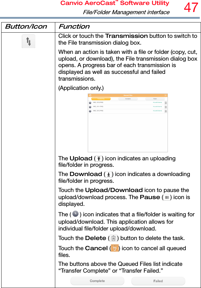 Canvio AeroCast™ Software UtilityFile/Folder Management interface47  Button/Icon Function  Click or touch the Transmission button to switch to the File transmission dialog box. When an action is taken with a file or folder (copy, cut, upload, or download), the File transmission dialog box opens. A progress bar of each transmission is displayed as well as successful and failed transmissions. (Application only.)  The Upload ( ) icon indicates an uploading file/folder in progress. The Download ( ) icon indicates a downloading file/folder in progress. Touch the Upload/Download icon to pause the upload/download process. The Pause ( ) icon is displayed. The ( ) icon indicates that a file/folder is waiting for upload/download. This application allows for individual file/folder upload/download. Touch the Delete ( ) button to delete the task. Touch the Cancel ( ) icon to cancel all queued files. The buttons above the Queued Files list indicate “Transfer Complete” or “Transfer Failed.”    