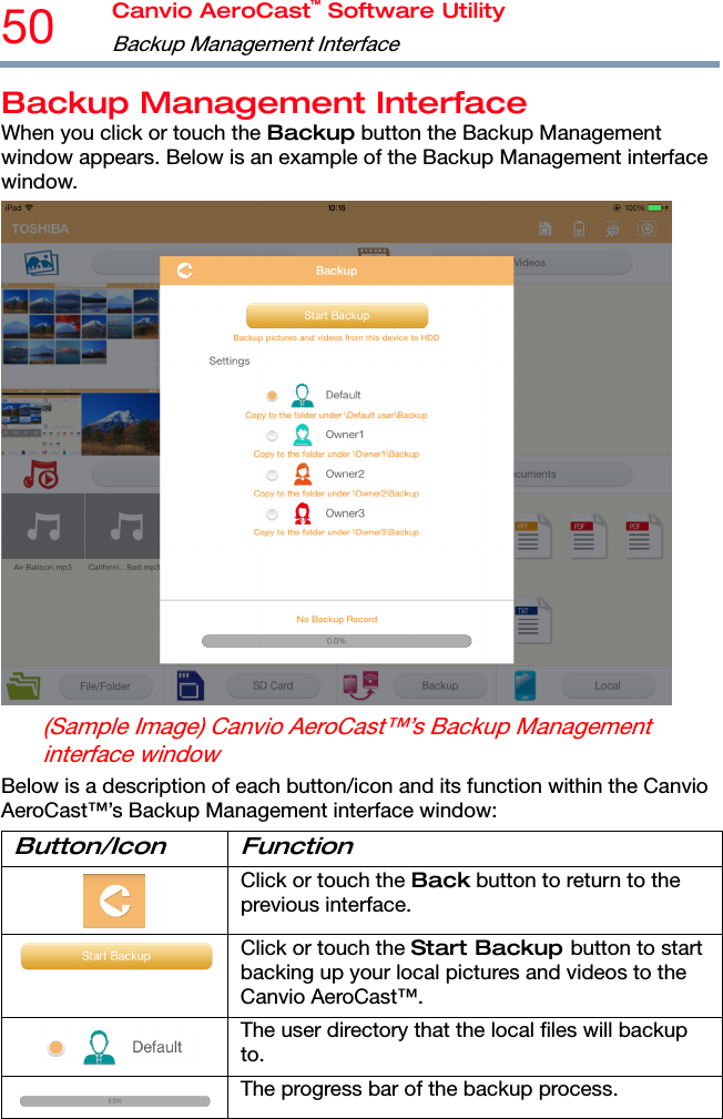 50  Canvio AeroCast™ Software Utility Backup Management Interface   Backup Management Interface When you click or touch the Backup button the Backup Management window appears. Below is an example of the Backup Management interface window.  (Sample Image) Canvio AeroCast™’s Backup Management interface window Below is a description of each button/icon and its function within the Canvio AeroCast™’s Backup Management interface window: Button/Icon Function  Click or touch the Back button to return to the previous interface. Click or touch the Start Backup button to start backing up your local pictures and videos to the Canvio AeroCast™.  The user directory that the local files will backup to. The progress bar of the backup process. 