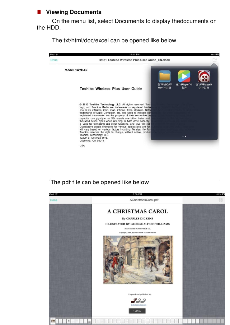     ■   Viewing Documents On the menu list, select Documents to display thedocuments on the HDD. The txt/html/doc/excel can be opened like below  .                                                    The pdf file can be opened like below                       