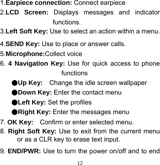  121.Earpiece connection: Connect earpiece 2.LCD Screen: Displays messages and indicator functions. 3.Left Soft Key: Use to select an action within a menu. 4.SEND Key: Use to place or answer calls. 5.Microphone:Collect voice   6. 4 Navigation Key: Use for quick access to phone functions ●Up Key:    Change the idle screen wallpaper ●Down Key: Enter the contact menu   ●Left Key: Set the profiles ●Right Key: Enter the messages menu 7. OK Key:    Confirm or enter selected menu. 8. Right Soft Key: Use to exit from the current menu or as a CLR key to erase text input. 9. END/PWR: Use to turn the power on/off and to end 