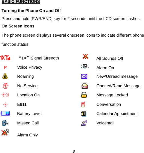 - 8 - BASIC FUNCTIONS Turning the Phone On and Off Press and hold [PWR/END] key for 2 seconds until the LCD screen flashes. On Screen Icons The phone screen displays several onscreen icons to indicate different phone function status. “1X”Signal Strength  All Sounds Off  Voice Privacy  Alarm On  Roaming  New/Unread message  No Service  Opened/Read Message  Location On  Message Locked  E911  Conversation  Battery Level   Calendar Appointment  Missed Call  Voicemail  Alarm Only   