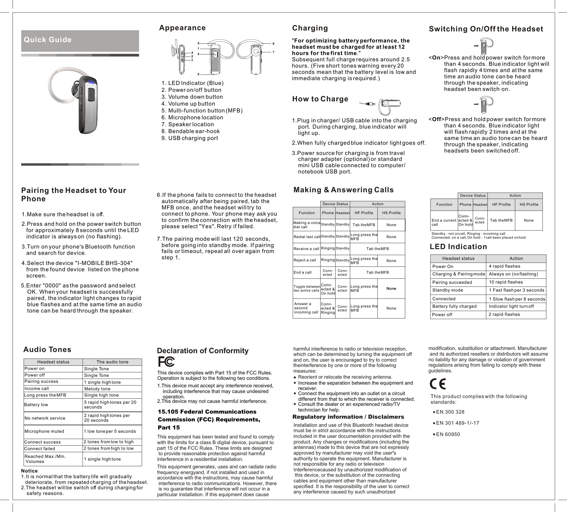 Quick GuideAppearance1. LED Indicator (Blue)2. Power on/off button3. Volume down button4. Volume up button5. Multi-function button (MFB)6. Microphone location7. Speaker location8. Bendable ear-hook9. USB charging portCharging&quot;For optimizing battery performance, the headset must be charged for at least 12 hours for the first time.&quot;Subsequent full charge requires around 2.5 hours. (Five short tones warning every 20 seconds mean that the battery level is low and immediate charging is required.)How to Charge3.Power source for charging is from travel     charger adapter (optional) or standard     mini USB cable connected to computer/    notebook USB port.1.Plug in charger/ USB cable into the charging      port. During charging, blue indicator will     light up.2.When fully charged blue indicator light goes off.Switching On/Off the Headset&lt;On&gt;Press and hold power switch for more           than 4 seconds. Blue indicator light will           flash rapidly 4 times and at the same           time an audio tone can be heard           through the speaker, indicating           headset been switch on. &lt;Off&gt;Press and hold power switch for more           than 4 seconds. Blue indicator light           will flash rapidly 2 times and at the           same time an audio tone can be heard           through the speaker, indicating           headsets been switched off.Pairing the Headset to Your Phone   1.Make sure the headset is off.2.Press and hold on the power switch button    for approximately 8 seconds until the LED   indicator is always on (no flashing). 3.Turn on your phone&apos;s Bluetooth function    and search for device. 4.Select the device &quot;I-MOBILE BHS-304&quot;     device  listed on the phone    screen.from the found 5.Enter &quot;0000&quot; as the password and select     OK. When your headset is successfully     paired, the indicator light changes to rapid     blue flashes and at the same time an audio     tone can be heard through the speaker.6.If the phone fails to connect to the headset     automatically after being paired, tab the    MFB once, and the headset will try to    connect to phone. Your phone may ask you    to confirm the connection with the headset,    please select &quot;Yes&quot;. Retry if failed.7.The pairing mode will last 120  seconds,    before going into standby mode. If pairing    fails or timeout, repeat all over again from    step 1.Making &amp; Answering CallsActionHS ProfileTab the MFBTab the MFBFunctionDevice StatusPhone  Headset HF ProfileMaking a voice dial call Standby StandbyStandbyStandbyStandby StandbyTab the MFB  None None None None NoneRedial last call Long press theMFBLong press theMFBLong press theMFB NoneLong press theMFBReceive a call RingingRingingReject a callEnd a call Conn-ectedConn-ectedConn-ectedConn-ectedToggle between two active callsConn-ected &amp;On holdConn-ected &amp;RingingAnswer a second incoming callLED IndicationActionHS ProfileFunctionDevice StatusPhone  Headset HF ProfileStandby : not on call, Ringing : in coming callConnected: on a call, On hold : 1 call been placed on hold Tab the MFB  NoneConn-ectedConn-ected &amp;On holdEnd a currentcallHeadset status4 rapid flashes10 rapid flashes1 Fast flash per 3 seconds1 Slow flash per 8 seconds Power offActionPower On 2 rapid flashesCharging &amp; Pairing mode Always on (no flashing)Pairing succeededStandby modeConnectedBattery fully charged Indicator light turn offAudio TonesHeadset status The audio tonePower onPower offSingle ToneSingle ToneSingle high tonePairing success 1 single high tone1 single high toneIncome call Melody toneLong press the MFBBattery lowConnect successConnect failed5 rapid high tones per 20 secondsNo network service 2 rapid high tones per 20 secondsMicrophone mutedReached Max./Min. Volumes1 low tone per 5 seconds2 tones from low to high 2 tones from high to low Notice1.It is normal that the battery life will gradually    deteriorate, from repeated charging of the headset. 2.The headset will be switch off during charging for    safety reasons. 15.105 Federal Communications Commission (FCC) Requirements, Part 15This device complies with Part 15 of the FCC Rules. Operation is subject to the following two conditions.2.This device may not cause harmful interference.1.This device must accept any interference received,     including interference that may cause undesired     operation.Declaration of Conformity harmful interference to radio or television reception, which can be determined by turning the equipment off and on, the user is encouraged to try to correct theinterference by one or more of the following measures:This equipment generates, uses and can radiate radio frequency energyand, if not installed and used in accordance with the instructions, may cause harmful interference to radio communications. However, there is no guarantee that interference will not occur in a particular installation. If this equipment does cause Consult the dealer or an experienced radio/TV technician for help.Connect the equipment into an outlet on a circuit different from that to which the receiver is connected.Increase the separation between the equipment andreceiver.Reorient or relocate the receiving antenna.This equipment has been tested and found to comply with the limits for a class B digital device, pursuant to part 15 of the FCC Rules. These limits are designed to provide reasonable protection against harmful interference in a residential installation.  Regulatory information / DisclaimersInstallation and use of this Bluetooth headset device must be in strict accordance with the instructions included in the user documentation provided with the product. Any changes or modifications (including the antennas) made to this device that are not expressly approved by manufacturer may void the user&apos;s authority to operate the equipment. Manufacturer is not responsible for any radio or television Interferencecaused by unauthorized modification of this device, or the substitution of the connecting cables and equipment other than manufacturer specified. It is the responsibility of the user to correctany interference caused by such unauthorized modification, substitution or attachment. Manufacturer and its authorized resellers or distributors will assume no liability for any damage or violation of government regulations arising from failing to comply with these guidelines.  This product complies with the following standards:       EN 300 328    EN 301 489-1/-17     EN 60950