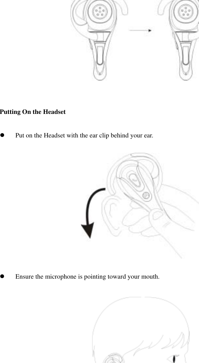           Putting On the Headset    Put on the Headset with the ear clip behind your ear.      Ensure the microphone is pointing toward your mouth.    