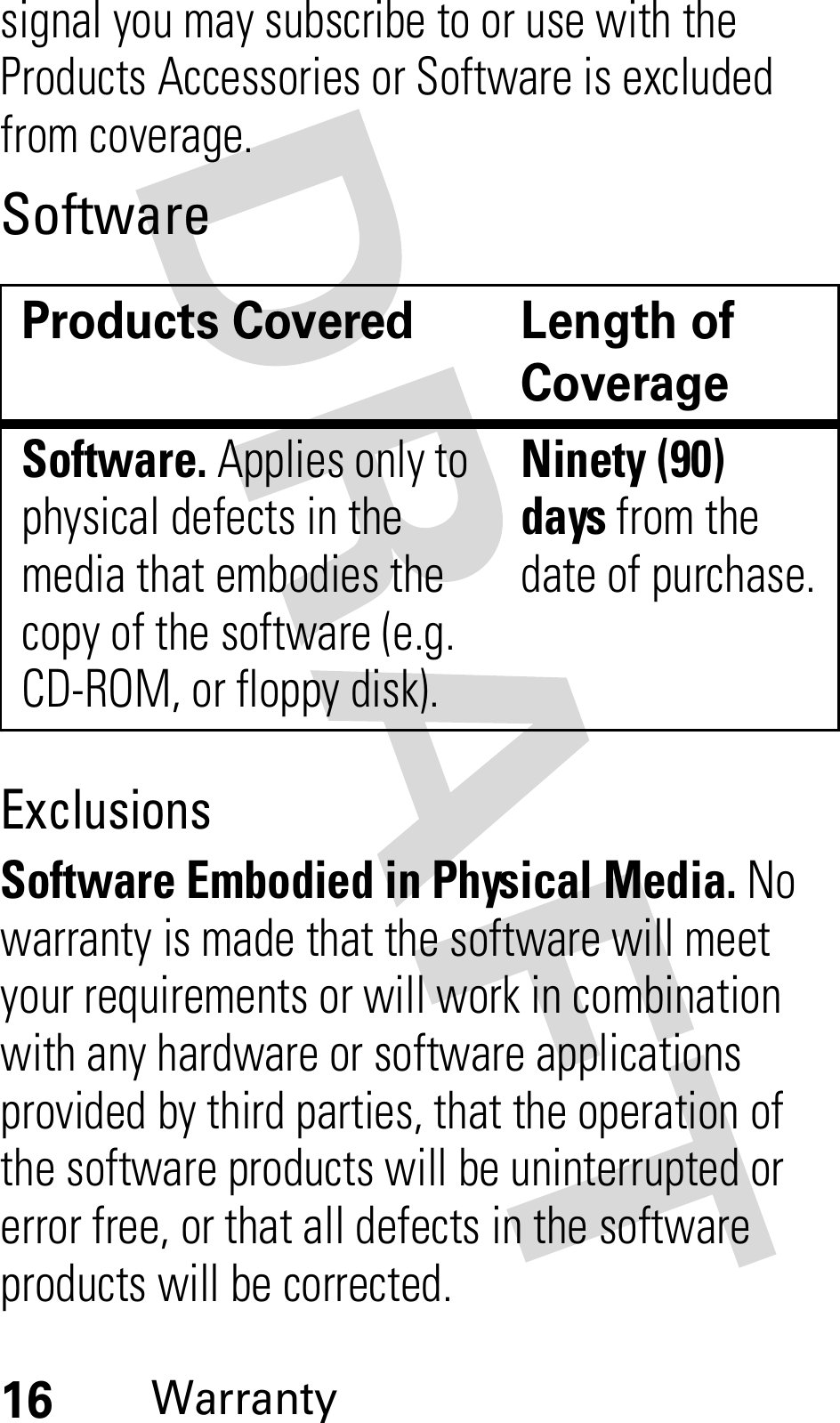 16Warrantysignal you may subscribe to or use with the Products Accessories or Software is excluded from coverage.SoftwareExclusionsSoftware Embodied in Physical Media. No warranty is made that the software will meet your requirements or will work in combination with any hardware or software applications provided by third parties, that the operation of the software products will be uninterrupted or error free, or that all defects in the software products will be corrected.Products Covered Length of CoverageSoftware. Applies only to physical defects in the media that embodies the copy of the software (e.g. CD-ROM, or floppy disk).Ninety (90) days from the date of purchase.