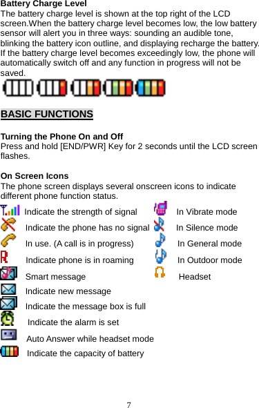7 Battery Charge Level The battery charge level is shown at the top right of the LCD screen.When the battery charge level becomes low, the low battery sensor will alert you in three ways: sounding an audible tone, blinking the battery icon outline, and displaying recharge the battery. If the battery charge level becomes exceedingly low, the phone will automatically switch off and any function in progress will not be saved.   BASIC FUNCTIONS  Turning the Phone On and Off Press and hold [END/PWR] Key for 2 seconds until the LCD screen flashes.  On Screen Icons The phone screen displays several onscreen icons to indicate different phone function status.  Indicate the strength of signal       In Vibrate mode     Indicate the phone has no signal    In Silence mode   In use. (A call is in progress)        In General mode     Indicate phone is in roaming        In Outdoor mode   Smart message                    Headset   Indicate new message      Indicate the message box is full    Indicate the alarm is set   Auto Answer while headset mode     Indicate the capacity of battery 