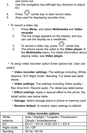 and zoom out. 3.  Use the navigation key left/right key direction to adjust EV. 4. Press    center key to start record video. 5.  Area used for displaying recorder time.  ‧To record a video clip 1. Press Menu, and select Multimedia and Video recorder. 2.  The live image appears on the display, and you can use the display as a viewfinder. 3.  To record a video clip, press   center key. 4.  The phone saves the video in the Video player of the Multimedia menu. For detail information about playing video, see Video player.  ‧To setup video recorder option Enter options list. User can select:   ‧Video recorder settings: The settings including -White         balance / EV/ Night mode / Banding. For detail see table      below.   ‧Video settings: The settings including Video quality /         Rec time limit / Record audio. For detail see table below.   ‧Effect settings: Apply a special effect to the photo, the      detail option see below table.   ‧Storage: Select storage place in phone or memory card.     ‧Restore default: to restore video settings to default.    Video recorder options   White balance Auto / Daylight / Tungsten / Fluorescent / Cloudy / Incandescence EV  EV+1 ~ EV+4 / EV0 / EV-1 ~ EV-4 Night mode  On / Off Banding  50 Hz / 60 Hz 