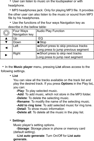 ‧User can listen to music on the loudspeaker or with headphone.  ‧MP3 headphones jack: Only for playing MP3 file. It provides the other user can also listen to the music or sound from MP3 file by his headphones.   ‧Use the functions of the four ways Navigation key as describe in the bellow table:  Four Ways Navigation key Audio Play Function ▲  Up   EQ  ▼ Down  Stop ◄ Left  Short press to skip previous tracks Long press to jump previous segment ► Right  Short press to skip next tracks Long press to jump next segment  ‧In the Music player menu, pressing List allows access to the following settings. ‧List You can view all the tracks available on the track list and play the desired track. If you press Options in the Play list, you can:   -Play: To play selected music.   -Add: To add music, which not store in the MP3 folder.   -Delete: To delete the selecting music.   -Rename: To modify the name of the selecting music.     -Add to ring tone: To add selected music for ring tone.   -Detail: To show music information   -Delete all: To delete all the music in the play list.  ‧Settings Music player’s setting options.   -Storage: Storage place in phone or memory card (default setting).   -List auto generate: Turn On/Off for List auto generate.   