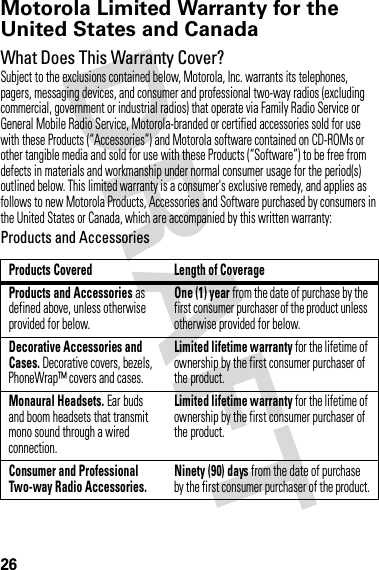 26Motorola Limited Warranty for the United States and CanadaWa rr a n t yWhat Does This Warranty Cover?Subject to the exclusions contained below, Motorola, Inc. warrants its telephones, pagers, messaging devices, and consumer and professional two-way radios (excluding commercial, government or industrial radios) that operate via Family Radio Service or General Mobile Radio Service, Motorola-branded or certified accessories sold for use with these Products (“Accessories”) and Motorola software contained on CD-ROMs or other tangible media and sold for use with these Products (“Software”) to be free from defects in materials and workmanship under normal consumer usage for the period(s) outlined below. This limited warranty is a consumer&apos;s exclusive remedy, and applies as follows to new Motorola Products, Accessories and Software purchased by consumers in the United States or Canada, which are accompanied by this written warranty:Products and AccessoriesProducts Covered Length of CoverageProducts and Accessories as defined above, unless otherwise provided for below.One (1) year from the date of purchase by the first consumer purchaser of the product unless otherwise provided for below.Decorative Accessories and Cases. Decorative covers, bezels, PhoneWrap™ covers and cases.Limited lifetime warranty for the lifetime of ownership by the first consumer purchaser of the product.Monaural Headsets. Ear buds and boom headsets that transmit mono sound through a wired connection.Limited lifetime warranty for the lifetime of ownership by the first consumer purchaser of the product.Consumer and Professional Two-way Radio Accessories.Ninety (90) days from the date of purchase by the first consumer purchaser of the product.