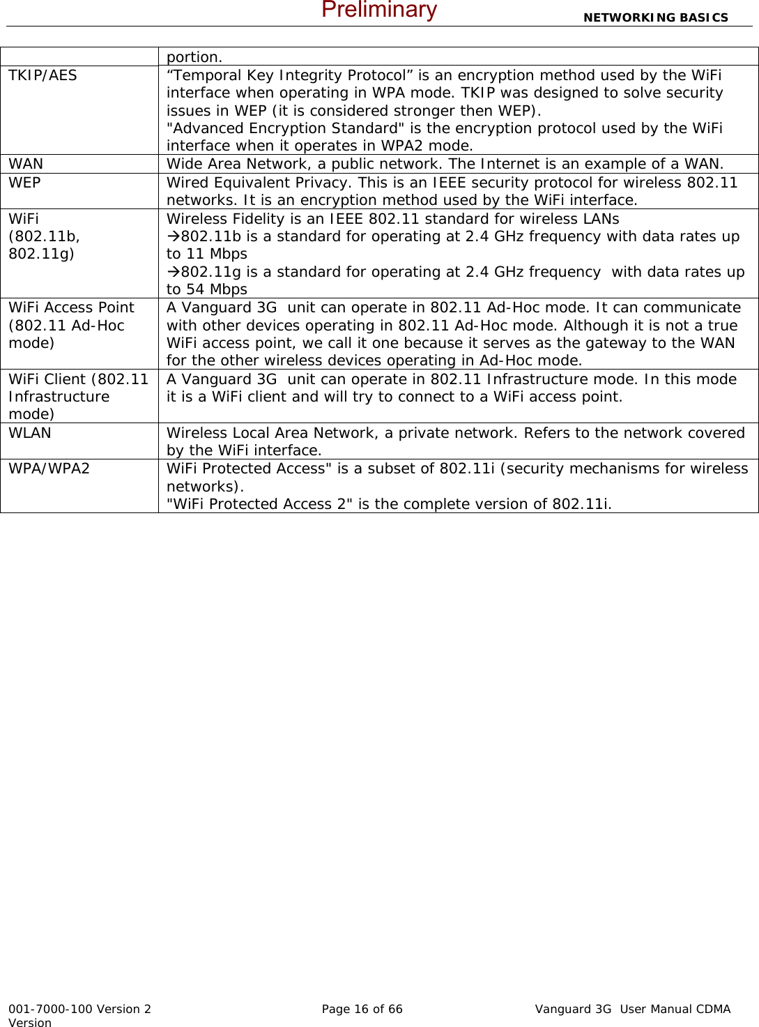                         NETWORKING BASICS  001-7000-100 Version 2       Page 16 of 66       Vanguard 3G  User Manual CDMA Version portion.   TKIP/AES  “Temporal Key Integrity Protocol” is an encryption method used by the WiFi interface when operating in WPA mode. TKIP was designed to solve security issues in WEP (it is considered stronger then WEP).  &quot;Advanced Encryption Standard&quot; is the encryption protocol used by the WiFi interface when it operates in WPA2 mode. WAN  Wide Area Network, a public network. The Internet is an example of a WAN. WEP  Wired Equivalent Privacy. This is an IEEE security protocol for wireless 802.11 networks. It is an encryption method used by the WiFi interface. WiFi (802.11b, 802.11g) Wireless Fidelity is an IEEE 802.11 standard for wireless LANs Æ802.11b is a standard for operating at 2.4 GHz frequency with data rates up to 11 Mbps Æ802.11g is a standard for operating at 2.4 GHz frequency  with data rates up to 54 Mbps WiFi Access Point (802.11 Ad-Hoc mode)  A Vanguard 3G  unit can operate in 802.11 Ad-Hoc mode. It can communicate with other devices operating in 802.11 Ad-Hoc mode. Although it is not a true WiFi access point, we call it one because it serves as the gateway to the WAN for the other wireless devices operating in Ad-Hoc mode. WiFi Client (802.11 Infrastructure mode) A Vanguard 3G  unit can operate in 802.11 Infrastructure mode. In this mode it is a WiFi client and will try to connect to a WiFi access point. WLAN  Wireless Local Area Network, a private network. Refers to the network covered by the WiFi interface. WPA/WPA2  WiFi Protected Access&quot; is a subset of 802.11i (security mechanisms for wireless networks).  &quot;WiFi Protected Access 2&quot; is the complete version of 802.11i. Preliminary