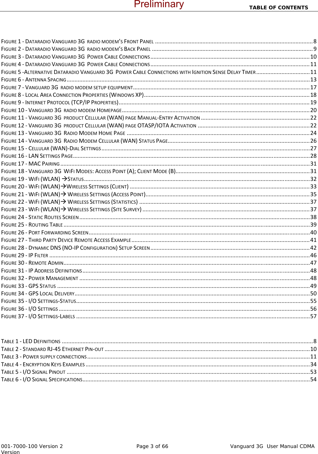                                                                          TABLE OF CONTENTS   001-7000-100 Version 2       Page 3 of 66              Vanguard 3G  User Manual CDMA Version  FIGURE1‐DATARADIOVANGUARD3GRADIOMODEM’SFRONTPANEL....................................................................................................8FIGURE2‐DATARADIOVANGUARD3GRADIOMODEM’SBACKPANEL......................................................................................................9FIGURE3‐DATARADIOVANGUARD3GPOWERCABLECONNECTIONS.....................................................................................................10FIGURE4‐DATARADIOVANGUARD3GPOWERCABLECONNECTIONS.....................................................................................................11FIGURE5‐ALTERNATIVEDATARADIOVANGUARD3GPOWERCABLECONNECTIONSWITHIGNITIONSENSEDELAYTIMER..................................11FIGURE6‐ANTENNASPACING..........................................................................................................................................................13FIGURE7‐VANGUARD3GRADIOMODEMSETUPEQUIPMENT................................................................................................................17FIGURE8‐LOCALAREACONNECTIONPROPERTIES(WINDOWSXP).........................................................................................................18FIGURE9‐INTERNETPROTOCOL(TCP/IPPROPERTIES).........................................................................................................................19FIGURE10‐VANGUARD3GRADIOMODEMHOMEPAGE.......................................................................................................................20FIGURE11‐VANGUARD3GPRODUCTCELLULAR(WAN)PAGEMANUAL‐ENTRYACTIVATION.....................................................................22FIGURE12‐VANGUARD3GPRODUCTCELLULAR(WAN)PAGEOTASP/IOTAACTIVATION.......................................................................22FIGURE13‐VANGUARD3GRADIOMODEMHOMEPAGE....................................................................................................................24FIGURE14‐VANGUARD3GRADIOMODEMCELLULAR(WAN)STATUSPAGE..........................................................................................26FIGURE15‐CELLULAR(WAN)‐DIALSETTINGS....................................................................................................................................27FIGURE16‐LANSETTINGSPAGE......................................................................................................................................................28FIGURE17‐MACPAIRING..............................................................................................................................................................31FIGURE18‐VANGUARD3GWIFIMODES:ACCESSPOINT(A);CLIENTMODE(B).....................................................................................31FIGURE19‐WIFI(WLAN)ÆSTATUS...............................................................................................................................................32FIGURE20‐WIFI(WLAN)ÆWIRELESSSETTINGS(CLIENT)..................................................................................................................33FIGURE21‐WIFI(WLAN)ÆWIRELESSSETTINGS(ACCESSPOINT)........................................................................................................35FIGURE22‐WIFI(WLAN)ÆWIRELESSSETTINGS(STATISTICS)............................................................................................................37FIGURE23‐WIFI(WLAN)ÆWIRELESSSETTINGS(SITESURVEY)..........................................................................................................37FIGURE24‐STATICROUTESSCREEN..................................................................................................................................................38FIGURE25‐ROUTINGTABLE............................................................................................................................................................39FIGURE26‐PORTFORWARDINGSCREEN............................................................................................................................................40FIGURE27‐THIRDPARTYDEVICEREMOTEACCESSEXAMPLE.................................................................................................................41FIGURE28‐DYNAMICDNS(NO‐IPCONFIGURATION)SETUPSCREEN.....................................................................................................42FIGURE29‐IPFILTER.....................................................................................................................................................................46FIGURE30‐REMOTEADMIN............................................................................................................................................................47FIGURE31‐IPADDRESSDEFINITIONS................................................................................................................................................48FIGURE32‐POWERMANAGEMENT..................................................................................................................................................48FIGURE33‐GPSSTATUS................................................................................................................................................................49FIGURE34‐GPSLOCALDELIVERY.....................................................................................................................................................50FIGURE35‐I/OSETTINGS‐STATUS....................................................................................................................................................55FIGURE36‐I/OSETTINGS...............................................................................................................................................................56FIGURE37‐I/OSETTINGS‐LABELS....................................................................................................................................................57  TABLE1‐LEDDEFINITIONS...............................................................................................................................................................8TABLE2‐STANDARDRJ‐45ETHERNETPIN‐OUT..................................................................................................................................10TABLE3‐POWERSUPPLYCONNECTIONS.............................................................................................................................................11TABLE4‐ENCRYPTIONKEYSEXAMPLES..............................................................................................................................................34TABLE5‐I/OSIGNALPINOUT..........................................................................................................................................................53TABLE6‐I/OSIGNALSPECIFICATIONS................................................................................................................................................54Preliminary