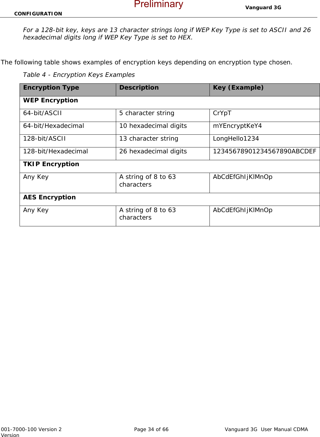                                  Vanguard 3G  CONFIGURATION  001-7000-100 Version 2       Page 34 of 66       Vanguard 3G  User Manual CDMA Version For a 128-bit key, keys are 13 character strings long if WEP Key Type is set to ASCII and 26 hexadecimal digits long if WEP Key Type is set to HEX.  The following table shows examples of encryption keys depending on encryption type chosen. Table 4 - Encryption Keys Examples Encryption Type  Description  Key (Example) WEP Encryption 64-bit/ASCII 5 character string CrYpT 64-bit/Hexadecimal 10 hexadecimal digits  mYEncryptKeY4 128-bit/ASCII  13 character string  LongHello1234 128-bit/Hexadecimal 26 hexadecimal digits  12345678901234567890ABCDEF TKIP Encryption Any Key  A string of 8 to 63 characters  AbCdEfGhIjKlMnOp AES Encryption Any Key  A string of 8 to 63 characters  AbCdEfGhIjKlMnOp Preliminary