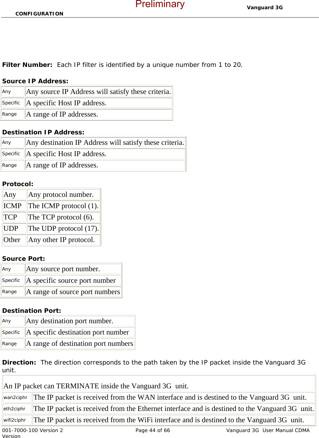                                  Vanguard 3G  CONFIGURATION  001-7000-100 Version 2       Page 44 of 66       Vanguard 3G  User Manual CDMA Version     Filter Number:  Each IP filter is identified by a unique number from 1 to 20.  Source IP Address: Any    Any source IP Address will satisfy these criteria. Specific   A specific Host IP address.  Range    A range of IP addresses.   Destination IP Address:  Any    Any destination IP Address will satisfy these criteria. Specific   A specific Host IP address.  Range    A range of IP addresses.   Protocol:   Any     Any protocol number.  ICMP   The ICMP protocol (1). TCP     The TCP protocol (6).  UDP     The UDP protocol (17). Other    Any other IP protocol.   Source Port:            Any    Any source port number.  Specific   A specific source port number  Range    A range of source port numbers  Destination Port:     Any    Any destination port number.  Specific   A specific destination port number Range    A range of destination port numbers Direction:  The direction corresponds to the path taken by the IP packet inside the Vanguard 3G  unit.   An IP packet can TERMINATE inside the Vanguard 3G  unit. wan2ciphr   The IP packet is received from the WAN interface and is destined to the Vanguard 3G  unit.  eth2ciphr    The IP packet is received from the Ethernet interface and is destined to the Vanguard 3G  unit. wifi2ciphr    The IP packet is received from the WiFi interface and is destined to the Vanguard 3G  unit.  Preliminary