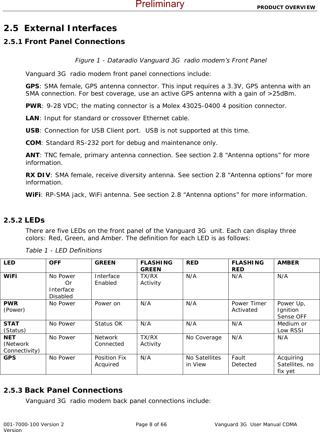                          PRODUCT OVERVIEW  001-7000-100 Version 2       Page 8 of 66       Vanguard 3G  User Manual CDMA Version 2.5  External Interfaces 2.5.1 Front Panel Connections  Figure 1 - Dataradio Vanguard 3G  radio modem’s Front Panel  Vanguard 3G  radio modem front panel connections include: GPS: SMA female, GPS antenna connector. This input requires a 3.3V, GPS antenna with an SMA connection. For best coverage, use an active GPS antenna with a gain of &gt;25dBm.   PWR: 9-28 VDC; the mating connector is a Molex 43025-0400 4 position connector. LAN: Input for standard or crossover Ethernet cable. USB: Connection for USB Client port.  USB is not supported at this time. COM: Standard RS-232 port for debug and maintenance only.  ANT: TNC female, primary antenna connection. See section 2.8 “Antenna options” for more information.   RX DIV: SMA female, receive diversity antenna. See section 2.8 “Antenna options” for more information. WiFi: RP-SMA jack, WiFi antenna. See section 2.8 “Antenna options” for more information.  2.5.2 LEDs There are five LEDs on the front panel of the Vanguard 3G  unit. Each can display three colors: Red, Green, and Amber. The definition for each LED is as follows: Table 1 - LED Definitions LED OFF GREEN FLASHING GREEN  RED FLASHING RED  AMBER WiFi  No Power  Or Interface Disabled Interface Enabled  TX/RX Activity  N/A N/A N/A PWR (Power) No Power   Power on  N/A  N/A  Power Timer Activated  Power Up, Ignition Sense OFF STAT (Status) No Power  Status OK  N/A  N/A  N/A  Medium or Low RSSI NET (Network Connectivity) No Power  Network Connected  TX/RX Activity  No Coverage  N/A  N/A GPS  No Power  Position Fix Acquired  N/A No Satellites in View  Fault Detected  Acquiring Satellites, no fix yet  2.5.3 Back Panel Connections Vanguard 3G  radio modem back panel connections include: Preliminary