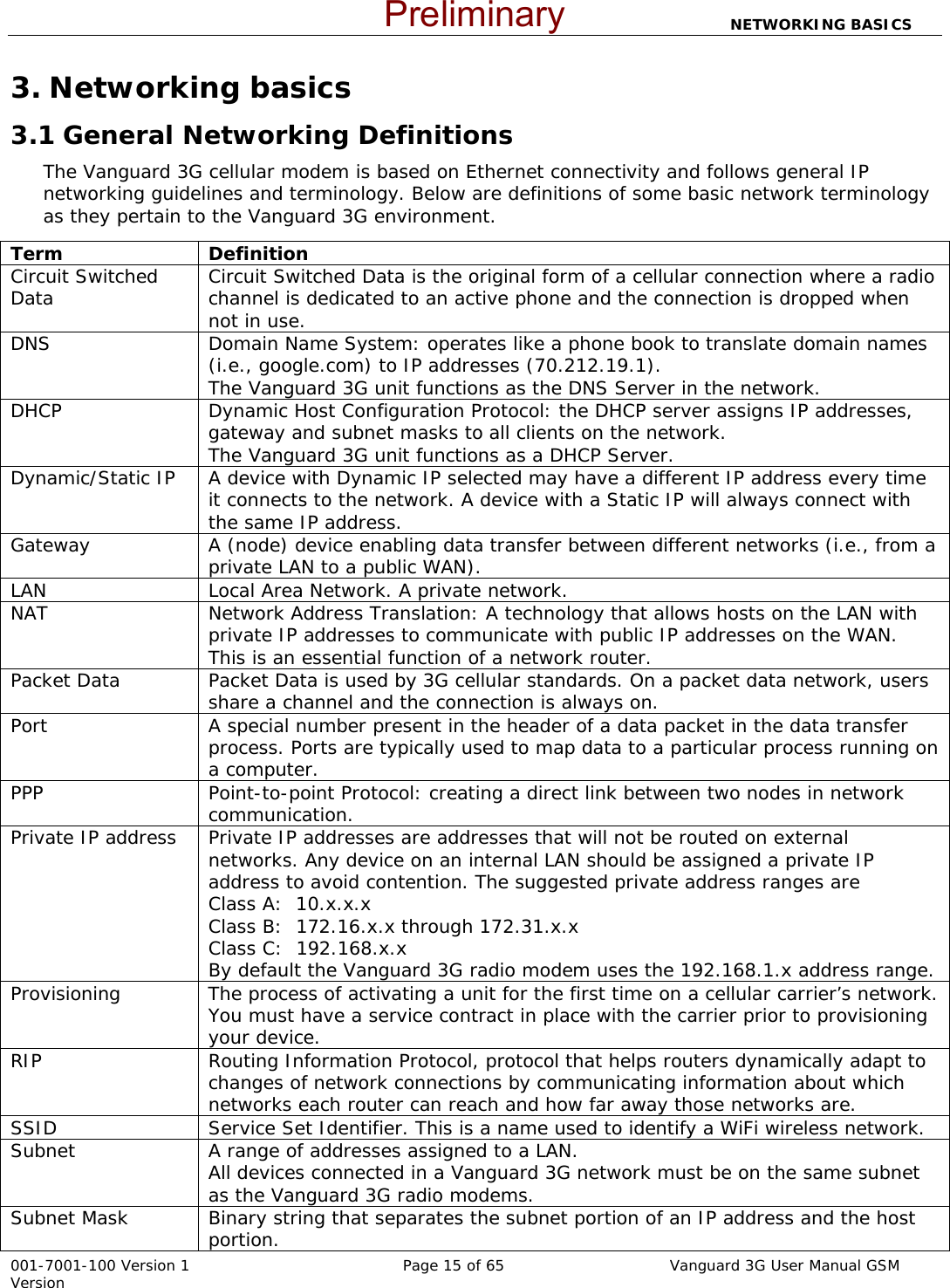                         NETWORKING BASICS  001-7001-100 Version 1       Page 15 of 65       Vanguard 3G User Manual GSM Version 3. Networking basics 3.1 General Networking Definitions The Vanguard 3G cellular modem is based on Ethernet connectivity and follows general IP networking guidelines and terminology. Below are definitions of some basic network terminology as they pertain to the Vanguard 3G environment.   Term Definition Circuit Switched Data  Circuit Switched Data is the original form of a cellular connection where a radio channel is dedicated to an active phone and the connection is dropped when not in use.   DNS  Domain Name System: operates like a phone book to translate domain names (i.e., google.com) to IP addresses (70.212.19.1).  The Vanguard 3G unit functions as the DNS Server in the network. DHCP  Dynamic Host Configuration Protocol: the DHCP server assigns IP addresses, gateway and subnet masks to all clients on the network. The Vanguard 3G unit functions as a DHCP Server. Dynamic/Static IP  A device with Dynamic IP selected may have a different IP address every time it connects to the network. A device with a Static IP will always connect with the same IP address. Gateway  A (node) device enabling data transfer between different networks (i.e., from a private LAN to a public WAN). LAN  Local Area Network. A private network. NAT  Network Address Translation: A technology that allows hosts on the LAN with private IP addresses to communicate with public IP addresses on the WAN.  This is an essential function of a network router. Packet Data  Packet Data is used by 3G cellular standards. On a packet data network, users share a channel and the connection is always on.   Port  A special number present in the header of a data packet in the data transfer process. Ports are typically used to map data to a particular process running on a computer. PPP  Point-to-point Protocol: creating a direct link between two nodes in network communication. Private IP address  Private IP addresses are addresses that will not be routed on external networks. Any device on an internal LAN should be assigned a private IP address to avoid contention. The suggested private address ranges are Class A:  10.x.x.x Class B:  172.16.x.x through 172.31.x.x Class C:  192.168.x.x By default the Vanguard 3G radio modem uses the 192.168.1.x address range. Provisioning  The process of activating a unit for the first time on a cellular carrier’s network.  You must have a service contract in place with the carrier prior to provisioning your device.   RIP  Routing Information Protocol, protocol that helps routers dynamically adapt to changes of network connections by communicating information about which networks each router can reach and how far away those networks are. SSID  Service Set Identifier. This is a name used to identify a WiFi wireless network. Subnet  A range of addresses assigned to a LAN.  All devices connected in a Vanguard 3G network must be on the same subnet as the Vanguard 3G radio modems. Subnet Mask  Binary string that separates the subnet portion of an IP address and the host portion.   Preliminary