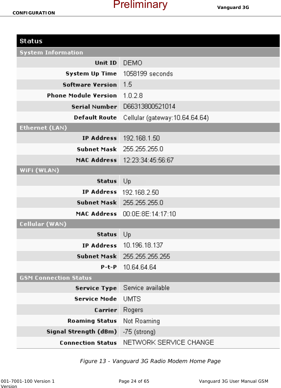                                  Vanguard 3G CONFIGURATION  001-7001-100 Version 1       Page 24 of 65       Vanguard 3G User Manual GSM Version  Figure 13 - Vanguard 3G Radio Modem Home Page   Preliminary