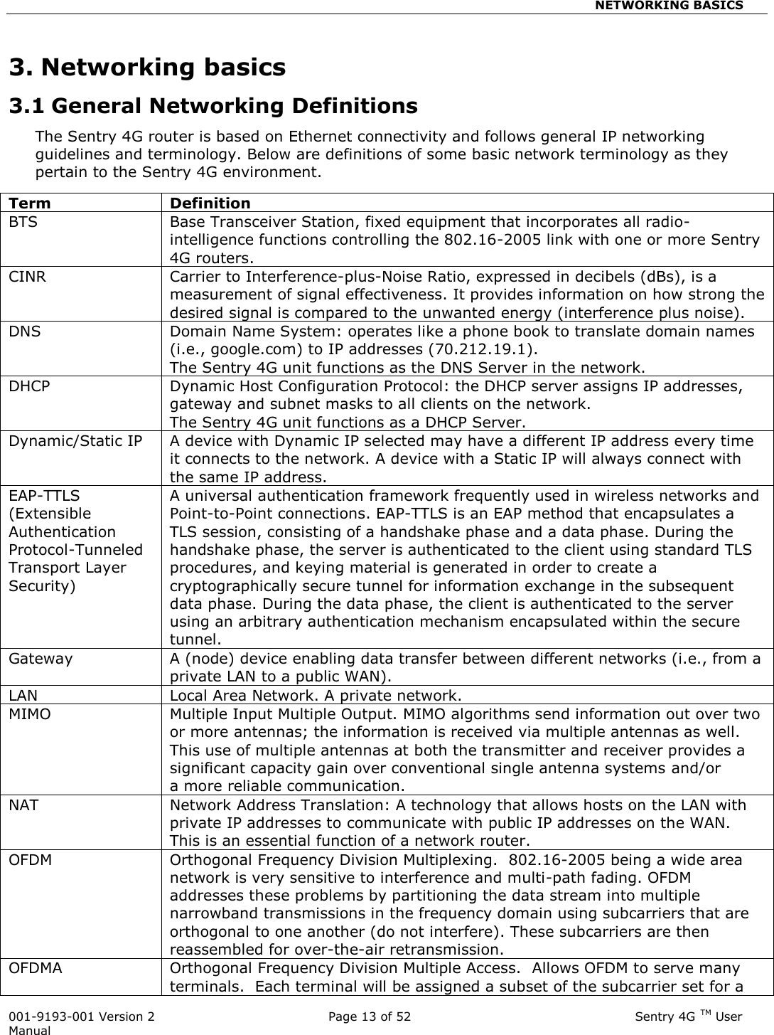                                               NETWORKING BASICS  001-9193-001 Version 2              Page 13 of 52                              Sentry 4G TM User Manual 3. Networking basics 3.1 General Networking Definitions The Sentry 4G router is based on Ethernet connectivity and follows general IP networking guidelines and terminology. Below are definitions of some basic network terminology as they pertain to the Sentry 4G environment.   Term Definition BTS Base Transceiver Station, fixed equipment that incorporates all radio-intelligence functions controlling the 802.16-2005 link with one or more Sentry 4G routers. CINR Carrier to Interference-plus-Noise Ratio, expressed in decibels (dBs), is a measurement of signal effectiveness. It provides information on how strong the desired signal is compared to the unwanted energy (interference plus noise). DNS Domain Name System: operates like a phone book to translate domain names (i.e., google.com) to IP addresses (70.212.19.1).  The Sentry 4G unit functions as the DNS Server in the network. DHCP Dynamic Host Configuration Protocol: the DHCP server assigns IP addresses, gateway and subnet masks to all clients on the network. The Sentry 4G unit functions as a DHCP Server. Dynamic/Static IP A device with Dynamic IP selected may have a different IP address every time it connects to the network. A device with a Static IP will always connect with the same IP address. EAP-TTLS (Extensible Authentication Protocol-Tunneled Transport Layer Security) A universal authentication framework frequently used in wireless networks and Point-to-Point connections. EAP-TTLS is an EAP method that encapsulates a TLS session, consisting of a handshake phase and a data phase. During the handshake phase, the server is authenticated to the client using standard TLS procedures, and keying material is generated in order to create a cryptographically secure tunnel for information exchange in the subsequent data phase. During the data phase, the client is authenticated to the server using an arbitrary authentication mechanism encapsulated within the secure tunnel.  Gateway A (node) device enabling data transfer between different networks (i.e., from a private LAN to a public WAN). LAN Local Area Network. A private network. MIMO Multiple Input Multiple Output. MIMO algorithms send information out over two or more antennas; the information is received via multiple antennas as well.  This use of multiple antennas at both the transmitter and receiver provides a significant capacity gain over conventional single antenna systems and/or a more reliable communication.  NAT Network Address Translation: A technology that allows hosts on the LAN with private IP addresses to communicate with public IP addresses on the WAN.  This is an essential function of a network router. OFDM Orthogonal Frequency Division Multiplexing.  802.16-2005 being a wide area network is very sensitive to interference and multi-path fading. OFDM addresses these problems by partitioning the data stream into multiple narrowband transmissions in the frequency domain using subcarriers that are orthogonal to one another (do not interfere). These subcarriers are then reassembled for over-the-air retransmission. OFDMA Orthogonal Frequency Division Multiple Access.  Allows OFDM to serve many terminals.  Each terminal will be assigned a subset of the subcarrier set for a 