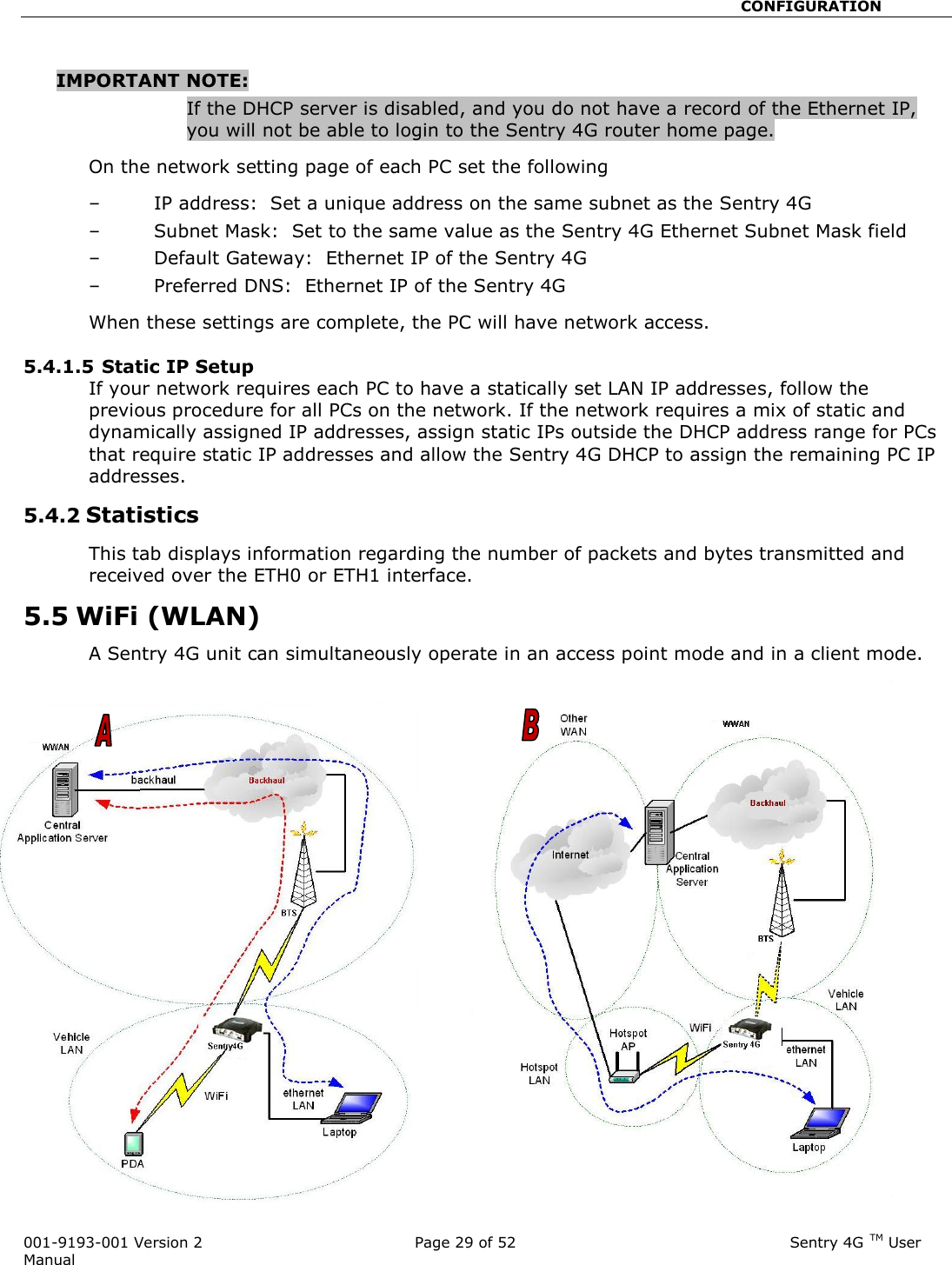                                                       CONFIGURATION  001-9193-001 Version 2              Page 29 of 52                              Sentry 4G TM User Manual  IMPORTANT NOTE:  If the DHCP server is disabled, and you do not have a record of the Ethernet IP, you will not be able to login to the Sentry 4G router home page.   On the network setting page of each PC set the following – IP address:  Set a unique address on the same subnet as the Sentry 4G – Subnet Mask:  Set to the same value as the Sentry 4G Ethernet Subnet Mask field – Default Gateway:  Ethernet IP of the Sentry 4G – Preferred DNS:  Ethernet IP of the Sentry 4G When these settings are complete, the PC will have network access.    5.4.1.5 Static IP Setup If your network requires each PC to have a statically set LAN IP addresses, follow the previous procedure for all PCs on the network. If the network requires a mix of static and dynamically assigned IP addresses, assign static IPs outside the DHCP address range for PCs that require static IP addresses and allow the Sentry 4G DHCP to assign the remaining PC IP addresses. 5.4.2 Statistics  This tab displays information regarding the number of packets and bytes transmitted and received over the ETH0 or ETH1 interface.  5.5 WiFi (WLAN) A Sentry 4G unit can simultaneously operate in an access point mode and in a client mode. 