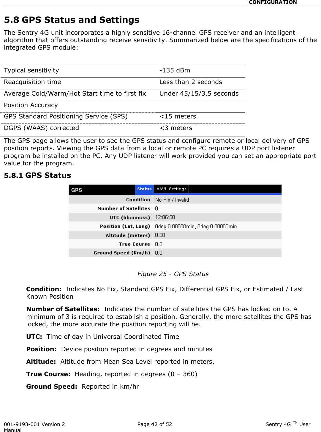                                                       CONFIGURATION  001-9193-001 Version 2              Page 42 of 52                              Sentry 4G TM User Manual 5.8 GPS Status and Settings  The Sentry 4G unit incorporates a highly sensitive 16-channel GPS receiver and an intelligent algorithm that offers outstanding receive sensitivity. Summarized below are the specifications of the integrated GPS module:  Typical sensitivity  -135 dBm Reacquisition time  Less than 2 seconds Average Cold/Warm/Hot Start time to first fix Under 45/15/3.5 seconds Position Accuracy    GPS Standard Positioning Service (SPS) &lt;15 meters DGPS (WAAS) corrected  &lt;3 meters The GPS page allows the user to see the GPS status and configure remote or local delivery of GPS position reports. Viewing the GPS data from a local or remote PC requires a UDP port listener program be installed on the PC. Any UDP listener will work provided you can set an appropriate port value for the program.   5.8.1 GPS Status  Figure 25 - GPS Status  Condition:  Indicates No Fix, Standard GPS Fix, Differential GPS Fix, or Estimated / Last Known Position Number of Satellites:  Indicates the number of satellites the GPS has locked on to. A minimum of 3 is required to establish a position. Generally, the more satellites the GPS has locked, the more accurate the position reporting will be.  UTC:  Time of day in Universal Coordinated Time Position:  Device position reported in degrees and minutes Altitude:  Altitude from Mean Sea Level reported in meters.   True Course:  Heading, reported in degrees (0 – 360) Ground Speed:  Reported in km/hr