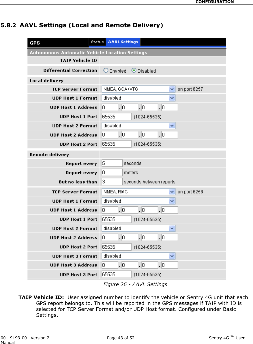                                                       CONFIGURATION  001-9193-001 Version 2              Page 43 of 52                              Sentry 4G TM User Manual  5.8.2  AAVL Settings (Local and Remote Delivery)   Figure 26 - AAVL Settings  TAIP Vehicle ID:  User assigned number to identify the vehicle or Sentry 4G unit that each GPS report belongs to. This will be reported in the GPS messages if TAIP with ID is selected for TCP Server Format and/or UDP Host format. Configured under Basic Settings. 