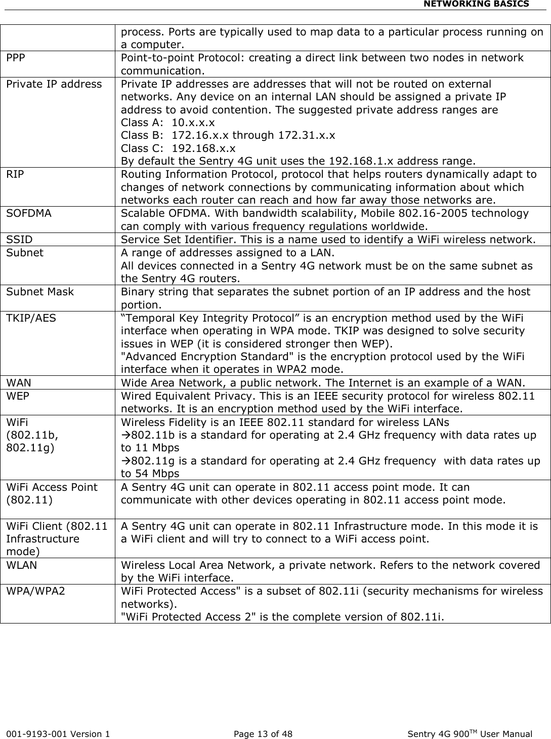                                               NETWORKING BASICS  001-9193-001 Version 1              Page 13 of 48               Sentry 4G 900TM User Manual process. Ports are typically used to map data to a particular process running on a computer. PPP Point-to-point Protocol: creating a direct link between two nodes in network communication. Private IP address Private IP addresses are addresses that will not be routed on external networks. Any device on an internal LAN should be assigned a private IP address to avoid contention. The suggested private address ranges are Class A:  10.x.x.x Class B:  172.16.x.x through 172.31.x.x Class C:  192.168.x.x By default the Sentry 4G unit uses the 192.168.1.x address range. RIP Routing Information Protocol, protocol that helps routers dynamically adapt to changes of network connections by communicating information about which networks each router can reach and how far away those networks are. SOFDMA Scalable OFDMA. With bandwidth scalability, Mobile 802.16-2005 technology can comply with various frequency regulations worldwide. SSID Service Set Identifier. This is a name used to identify a WiFi wireless network. Subnet A range of addresses assigned to a LAN.  All devices connected in a Sentry 4G network must be on the same subnet as the Sentry 4G routers. Subnet Mask Binary string that separates the subnet portion of an IP address and the host portion.   TKIP/AES “Temporal Key Integrity Protocol” is an encryption method used by the WiFi interface when operating in WPA mode. TKIP was designed to solve security issues in WEP (it is considered stronger then WEP).  &quot;Advanced Encryption Standard&quot; is the encryption protocol used by the WiFi interface when it operates in WPA2 mode. WAN Wide Area Network, a public network. The Internet is an example of a WAN. WEP Wired Equivalent Privacy. This is an IEEE security protocol for wireless 802.11 networks. It is an encryption method used by the WiFi interface. WiFi (802.11b, 802.11g) Wireless Fidelity is an IEEE 802.11 standard for wireless LANs 802.11b is a standard for operating at 2.4 GHz frequency with data rates up to 11 Mbps 802.11g is a standard for operating at 2.4 GHz frequency  with data rates up to 54 Mbps WiFi Access Point (802.11)  A Sentry 4G unit can operate in 802.11 access point mode. It can communicate with other devices operating in 802.11 access point mode.  WiFi Client (802.11 Infrastructure mode) A Sentry 4G unit can operate in 802.11 Infrastructure mode. In this mode it is a WiFi client and will try to connect to a WiFi access point. WLAN Wireless Local Area Network, a private network. Refers to the network covered by the WiFi interface. WPA/WPA2 WiFi Protected Access&quot; is a subset of 802.11i (security mechanisms for wireless networks).  &quot;WiFi Protected Access 2&quot; is the complete version of 802.11i.   