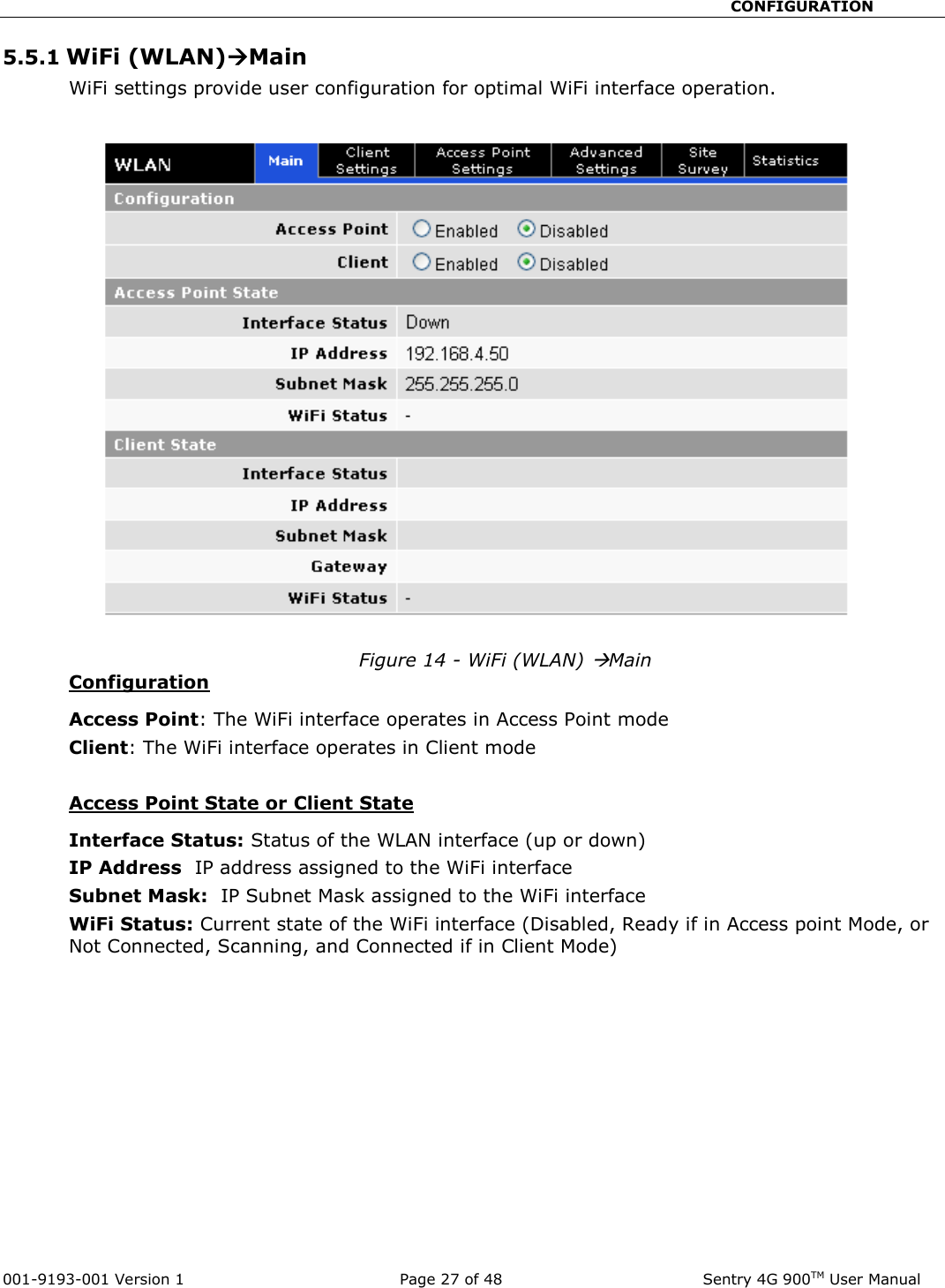                                                       CONFIGURATION  001-9193-001 Version 1              Page 27 of 48               Sentry 4G 900TM User Manual 5.5.1 WiFi (WLAN)Main WiFi settings provide user configuration for optimal WiFi interface operation.    Figure 14 - WiFi (WLAN) Main Configuration Access Point: The WiFi interface operates in Access Point mode  Client: The WiFi interface operates in Client mode  Access Point State or Client State  Interface Status: Status of the WLAN interface (up or down) IP Address  IP address assigned to the WiFi interface  Subnet Mask:  IP Subnet Mask assigned to the WiFi interface  WiFi Status: Current state of the WiFi interface (Disabled, Ready if in Access point Mode, or Not Connected, Scanning, and Connected if in Client Mode)   