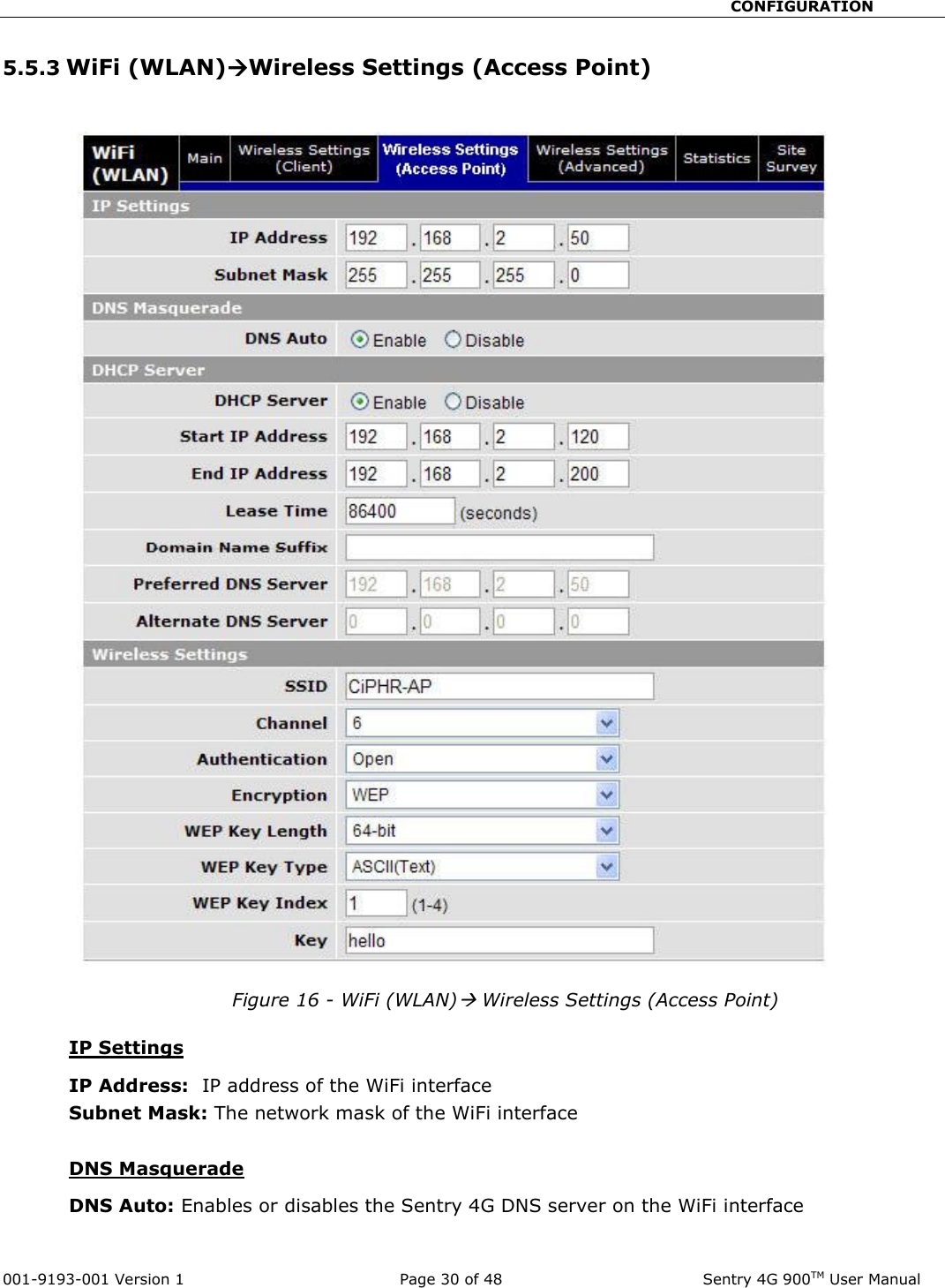                                                       CONFIGURATION  001-9193-001 Version 1              Page 30 of 48               Sentry 4G 900TM User Manual 5.5.3 WiFi (WLAN)Wireless Settings (Access Point)   Figure 16 - WiFi (WLAN) Wireless Settings (Access Point)  IP Settings IP Address:  IP address of the WiFi interface Subnet Mask: The network mask of the WiFi interface  DNS Masquerade DNS Auto: Enables or disables the Sentry 4G DNS server on the WiFi interface  