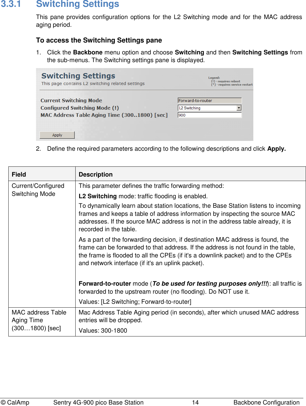 © CalAmp              Sentry 4G-900 pico Base Station                            14  Backbone Configuration 3.3.1  Switching Settings This pane provides configuration options for the L2 Switching mode and for the MAC address aging period. To access the Switching Settings pane 1.  Click the Backbone menu option and choose Switching and then Switching Settings from the sub-menus. The Switching settings pane is displayed.  2.  Define the required parameters according to the following descriptions and click Apply.  Field Description Current/Configured Switching Mode This parameter defines the traffic forwarding method:  L2 Switching mode: traffic flooding is enabled.  To dynamically learn about station locations, the Base Station listens to incoming frames and keeps a table of address information by inspecting the source MAC addresses. If the source MAC address is not in the address table already, it is recorded in the table.  As a part of the forwarding decision, if destination MAC address is found, the frame can be forwarded to that address. If the address is not found in the table,  the frame is flooded to all the CPEs (if it&apos;s a downlink packet) and to the CPEs and network interface (if it&apos;s an uplink packet).   Forward-to-router mode (To be used for testing purposes only!!!): all traffic is forwarded to the upstream router (no flooding). Do NOT use it. Values: [L2 Switching; Forward-to-router]  MAC address Table Aging Time (300…1800) [sec] Mac Address Table Aging period (in seconds), after which unused MAC address entries will be dropped. Values: 300-1800  
