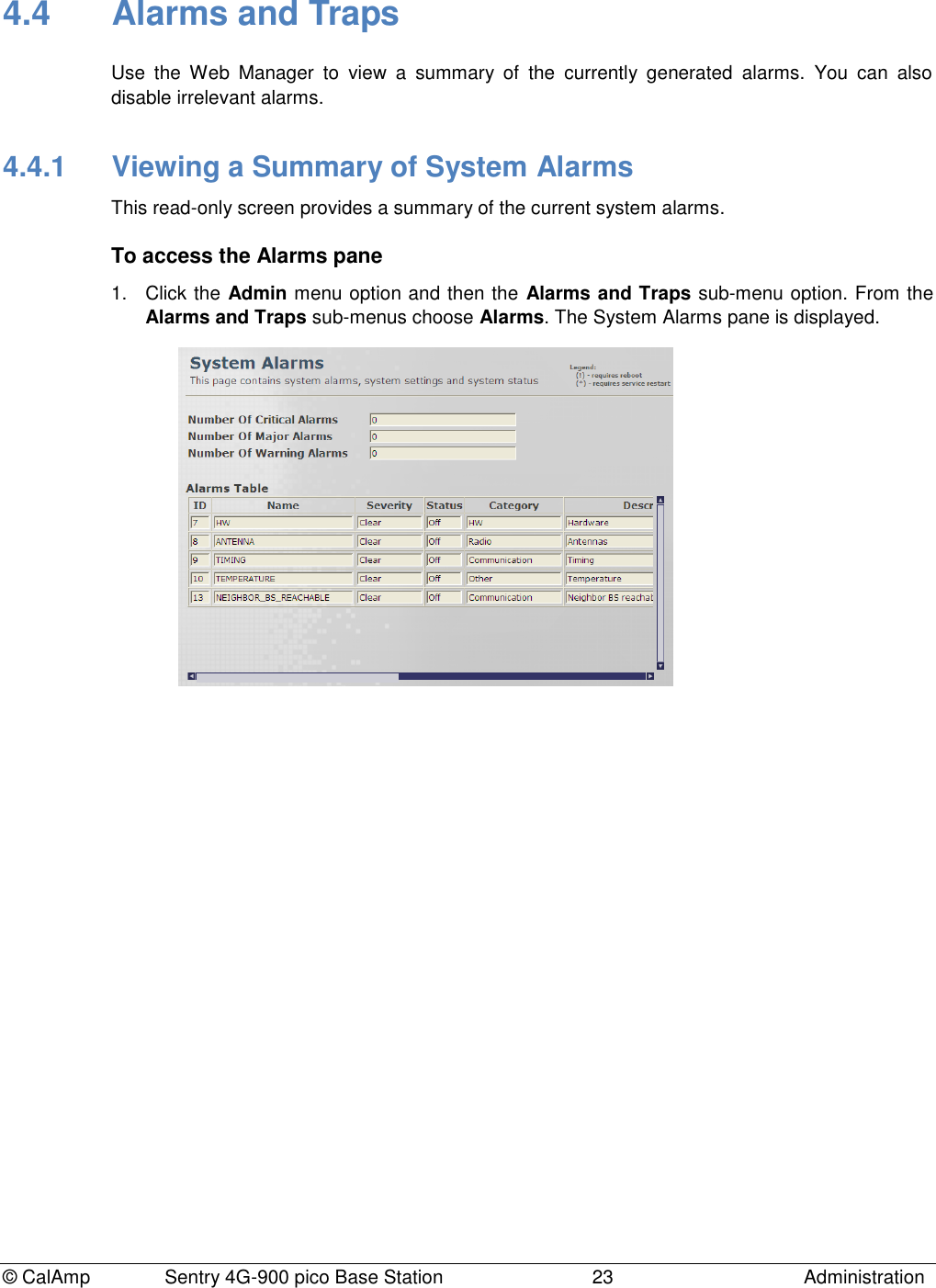 © CalAmp Sentry 4G-900 pico Base Station 23 Administration 4.4 Alarms and Traps Use the Web Manager to view a summary of the currently generated alarms. You can also disable irrelevant alarms. 4.4.1 Viewing a Summary of System Alarms This read-only screen provides a summary of the current system alarms. To access the Alarms pane 1. Click the Admin menu option and then the Alarms and Traps sub-menu option. From the Alarms and Traps sub-menus choose Alarms. The System Alarms pane is displayed.