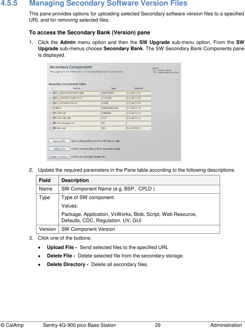 © CalAmp Sentry 4G-900 pico Base Station 29 Administration 4.5.5 Managing Secondary Software Version Files This pane provides options for uploading selected Secondary software version files to a specified URL and for removing selected files. To access the Secondary Bank (Version) pane 1. Click the Admin menu option and then the SW Upgrade sub-menu option. From the SW Upgrade sub-menus choose Secondary Bank. The SW Secondary Bank Components pane is displayed. 2. Update the required parameters in the Pane table according to the following descriptions. Field Description Name SW Component Name (e.g. BSP, CPLD ) Type Type of SW component. Values: Package, Application, VxWorks, Blob, Script, Web Resource, Defaults, CDC, Regulation, UV, GUI Version SW Component Version 3. Click one of the buttons: Upload File - Send selected files to the specified URL Delete File - Delete selected file from the secondary storage. Delete Directory - Delete all secondary files.