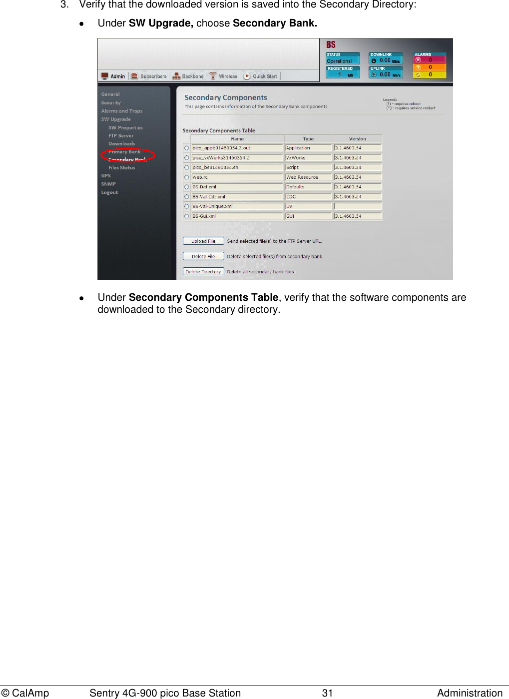 © CalAmp Sentry 4G-900 pico Base Station 31 Administration 3. Verify that the downloaded version is saved into the Secondary Directory: Under SW Upgrade, choose Secondary Bank. Under Secondary Components Table, verify that the software components are downloaded to the Secondary directory.