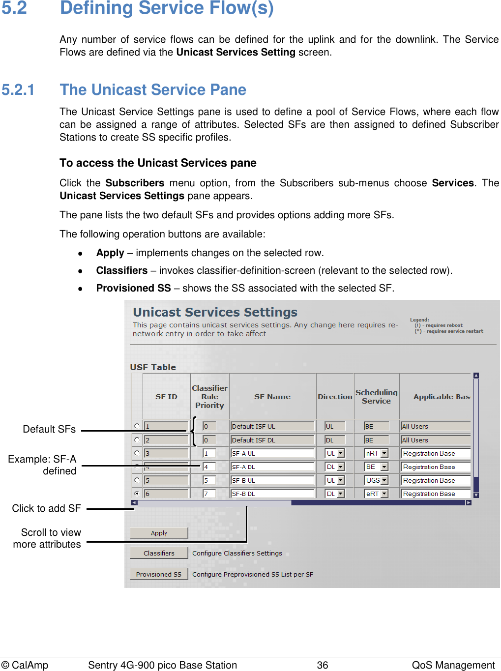 © CalAmp Sentry 4G-900 pico Base Station 36 QoS Management 5.2 Defining Service Flow(s) Any number of service flows can be defined for the uplink and for the downlink. The Service Flows are defined via the Unicast Services Setting screen. 5.2.1 The Unicast Service Pane The Unicast Service Settings pane is used to define a pool of Service Flows, where each flow can be assigned a range of attributes. Selected SFs are then assigned to defined Subscriber Stations to create SS specific profiles. To access the Unicast Services pane Click the Subscribers menu option, from the Subscribers sub-menus choose Services. The Unicast Services Settings pane appears. The pane lists the two default SFs and provides options adding more SFs. The following operation buttons are available: Apply – implements changes on the selected row. Classifiers – invokes classifier-definition-screen (relevant to the selected row). Provisioned SS – shows the SS associated with the selected SF. Click to add SF Example: SF-A defined Scroll to view more attributes Default SFs