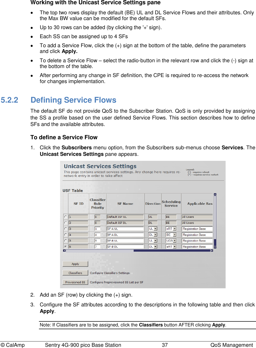 © CalAmp Sentry 4G-900 pico Base Station 37 QoS Management Working with the Unicast Service Settings pane The top two rows display the default (BE) UL and DL Service Flows and their attributes. Only the Max BW value can be modified for the default SFs. Up to 30 rows can be added (by clicking the '+' sign). Each SS can be assigned up to 4 SFs To add a Service Flow, click the (+) sign at the bottom of the table, define the parameters and click Apply. To delete a Service Flow – select the radio-button in the relevant row and click the (-) sign at the bottom of the table. After performing any change in SF definition, the CPE is required to re-access the network for changes implementation. 5.2.2 Defining Service Flows The default SF do not provide QoS to the Subscriber Station. QoS is only provided by assigning the SS a profile based on the user defined Service Flows. This section describes how to define SFs and the available attributes. To define a Service Flow 1. Click the Subscribers menu option, from the Subscribers sub-menus choose Services. The Unicast Services Settings pane appears. 2. Add an SF (row) by clicking the (+) sign. 3. Configure the SF attributes according to the descriptions in the following table and then click Apply. Note: If Classifiers are to be assigned, click the Classifiers button AFTER clicking Apply.