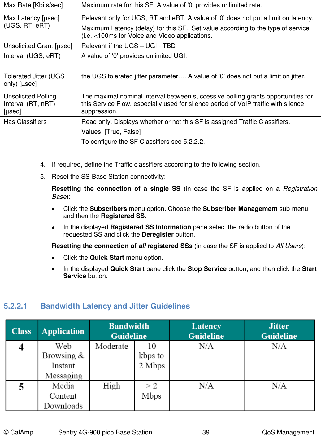 © CalAmp              Sentry 4G-900 pico Base Station                            39  QoS Management Max Rate [Kbits/sec] Maximum rate for this SF. A value of „0‟ provides unlimited rate. Max Latency [µsec] (UGS, RT, eRT)  Relevant only for UGS, RT and eRT. A value of „0‟ does not put a limit on latency. Maximum Latency (delay) for this SF.  Set value according to the type of service (i.e. &lt;100ms for Voice and Video applications.   Unsolicited Grant [µsec] Interval (UGS, eRT)  Relevant if the UGS – UGI - TBD  A value of „0‟ provides unlimited UGI.  Tolerated Jitter (UGS only) [µsec] the UGS tolerated jitter parameter…. A value of „0‟ does not put a limit on jitter.  Unsolicited Polling Interval (RT, nRT) [µsec] The maximal nominal interval between successive polling grants opportunities for this Service Flow, especially used for silence period of VoIP traffic with silence suppression.  Has Classifiers Read only. Displays whether or not this SF is assigned Traffic Classifiers. Values: [True, False] To configure the SF Classifiers see 5.2.2.2.  4.  If required, define the Traffic classifiers according to the following section.  5.  Reset the SS-Base Station connectivity: Resetting  the  connection  of  a  single  SS  (in  case  the  SF  is  applied  on  a  Registration Base):   Click the Subscribers menu option. Choose the Subscriber Management sub-menu and then the Registered SS.   In the displayed Registered SS Information pane select the radio button of the requested SS and click the Deregister button. Resetting the connection of all registered SSs (in case the SF is applied to All Users):   Click the Quick Start menu option.   In the displayed Quick Start pane click the Stop Service button, and then click the Start Service button.  5.2.2.1  Bandwidth Latency and Jitter Guidelines 