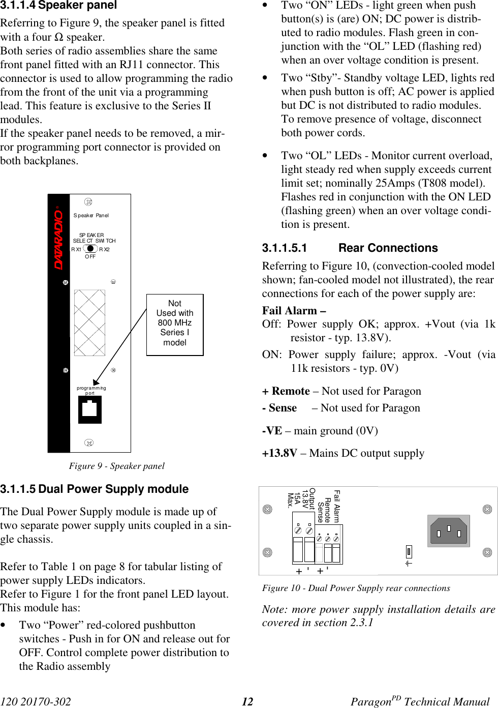 120 20170-302 ParagonPD Technical Manual123.1.1.4 Speaker panelReferring to Figure 9, the speaker panel is fittedwith a four Ω speaker.Both series of radio assemblies share the samefront panel fitted with an RJ11 connector. Thisconnector is used to allow programming the radiofrom the front of the unit via a programminglead. This feature is exclusive to the Series IImodules.If the speaker panel needs to be removed, a mir-ror programming port connector is provided onboth backplanes.Figure 9 - Speaker panel3.1.1.5 Dual Power Supply moduleThe Dual Power Supply module is made up oftwo separate power supply units coupled in a sin-gle chassis.Refer to Table 1 on page 8 for tabular listing ofpower supply LEDs indicators.Refer to Figure 1 for the front panel LED layout.This module has:• Two “Power” red-colored pushbuttonswitches - Push in for ON and release out forOFF. Control complete power distribution tothe Radio assembly• Two “ON” LEDs - light green when pushbutton(s) is (are) ON; DC power is distrib-uted to radio modules. Flash green in con-junction with the “OL” LED (flashing red)when an over voltage condition is present.• Two “Stby”- Standby voltage LED, lights redwhen push button is off; AC power is appliedbut DC is not distributed to radio modules.To remove presence of voltage, disconnectboth power cords.• Two “OL” LEDs - Monitor current overload,light steady red when supply exceeds currentlimit set; nominally 25Amps (T808 model).Flashes red in conjunction with the ON LED(flashing green) when an over voltage condi-tion is present.3.1.1.5.1 Rear ConnectionsReferring to Figure 10, (convection-cooled modelshown; fan-cooled model not illustrated), the rearconnections for each of the power supply are:Fail Alarm –Off: Power supply OK; approx. +Vout (via 1kresistor - typ. 13.8V).ON: Power supply failure; approx. -Vout (via11k resistors - typ. 0V)+ Remote – Not used for Paragon- Sense     – Not used for Paragon-VE – main ground (0V)+13.8V – Mains DC output supplyFigure 10 - Dual Power Supply rear connectionsNote: more power supply installation details arecovered in section 2.3.1®S peaker  Panelprogramm ingportRX2RX1OFFSP EAK ERSELE CT  SWI TCHNotUsed with800 MHzSeries Imodel15A+-OutputSense+-RemoteFail Alarm13.8VMax.