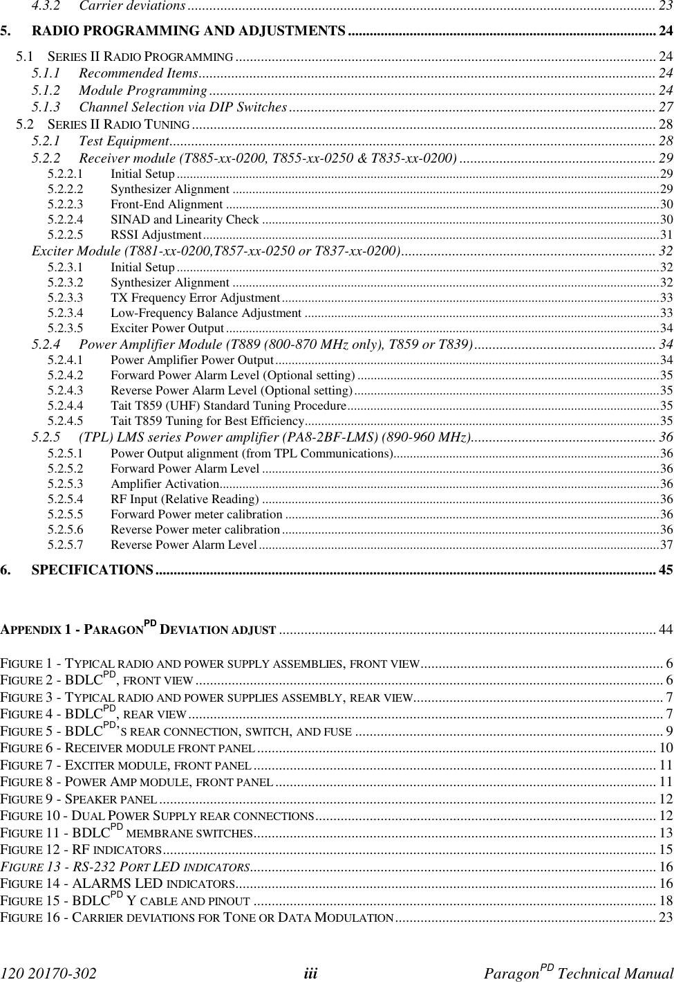  120 20170-302 iii ParagonPD Technical Manual4.3.2 Carrier deviations ................................................................................................................................. 235. RADIO PROGRAMMING AND ADJUSTMENTS..................................................................................... 245.1 SERIES II RADIO PROGRAMMING .................................................................................................................... 245.1.1 Recommended Items.............................................................................................................................. 245.1.2 Module Programming........................................................................................................................... 245.1.3 Channel Selection via DIP Switches..................................................................................................... 275.2 SERIES II RADIO TUNING ................................................................................................................................285.2.1 Test Equipment...................................................................................................................................... 285.2.2 Receiver module (T885-xx-0200, T855-xx-0250 &amp; T835-xx-0200) ...................................................... 295.2.2.1 Initial Setup...................................................................................................................................................295.2.2.2 Synthesizer Alignment ..................................................................................................................................295.2.2.3 Front-End Alignment ....................................................................................................................................305.2.2.4 SINAD and Linearity Check .........................................................................................................................305.2.2.5 RSSI Adjustment...........................................................................................................................................31Exciter Module (T881-xx-0200,T857-xx-0250 or T837-xx-0200)......................................................................325.2.3.1 Initial Setup...................................................................................................................................................325.2.3.2 Synthesizer Alignment ..................................................................................................................................325.2.3.3 TX Frequency Error Adjustment...................................................................................................................335.2.3.4 Low-Frequency Balance Adjustment ............................................................................................................335.2.3.5 Exciter Power Output....................................................................................................................................345.2.4 Power Amplifier Module (T889 (800-870 MHz only), T859 or T839).................................................. 345.2.4.1 Power Amplifier Power Output.....................................................................................................................345.2.4.2 Forward Power Alarm Level (Optional setting) ............................................................................................355.2.4.3 Reverse Power Alarm Level (Optional setting).............................................................................................355.2.4.4 Tait T859 (UHF) Standard Tuning Procedure...............................................................................................355.2.4.5 Tait T859 Tuning for Best Efficiency............................................................................................................355.2.5 (TPL) LMS series Power amplifier (PA8-2BF-LMS) (890-960 MHz)................................................... 365.2.5.1 Power Output alignment (from TPL Communications).................................................................................365.2.5.2 Forward Power Alarm Level .........................................................................................................................365.2.5.3 Amplifier Activation......................................................................................................................................365.2.5.4 RF Input (Relative Reading) .........................................................................................................................365.2.5.5 Forward Power meter calibration ..................................................................................................................365.2.5.6 Reverse Power meter calibration...................................................................................................................365.2.5.7 Reverse Power Alarm Level..........................................................................................................................376. SPECIFICATIONS.......................................................................................................................................... 45APPENDIX 1 - PARAGONPD DEVIATION ADJUST ........................................................................................................ 44FIGURE 1 - TYPICAL RADIO AND POWER SUPPLY ASSEMBLIES, FRONT VIEW................................................................... 6FIGURE 2 - BDLCPD, FRONT VIEW ................................................................................................................................. 6FIGURE 3 - TYPICAL RADIO AND POWER SUPPLIES ASSEMBLY, REAR VIEW..................................................................... 7FIGURE 4 - BDLCPD, REAR VIEW................................................................................................................................... 7FIGURE 5 - BDLCPD’S REAR CONNECTION, SWITCH, AND FUSE ..................................................................................... 9FIGURE 6 - RECEIVER MODULE FRONT PANEL.............................................................................................................. 10FIGURE 7 - EXCITER MODULE, FRONT PANEL............................................................................................................... 11FIGURE 8 - POWER AMP MODULE, FRONT PANEL ......................................................................................................... 11FIGURE 9 - SPEAKER PANEL......................................................................................................................................... 12FIGURE 10 - DUAL POWER SUPPLY REAR CONNECTIONS.............................................................................................. 12FIGURE 11 - BDLCPD MEMBRANE SWITCHES............................................................................................................... 13FIGURE 12 - RF INDICATORS........................................................................................................................................ 15FIGURE 13 - RS-232 PORT LED INDICATORS................................................................................................................ 16FIGURE 14 - ALARMS LED INDICATORS.................................................................................................................... 16FIGURE 15 - BDLCPD Y CABLE AND PINOUT ............................................................................................................... 18FIGURE 16 - CARRIER DEVIATIONS FOR TONE OR DATA MODULATION........................................................................ 23
