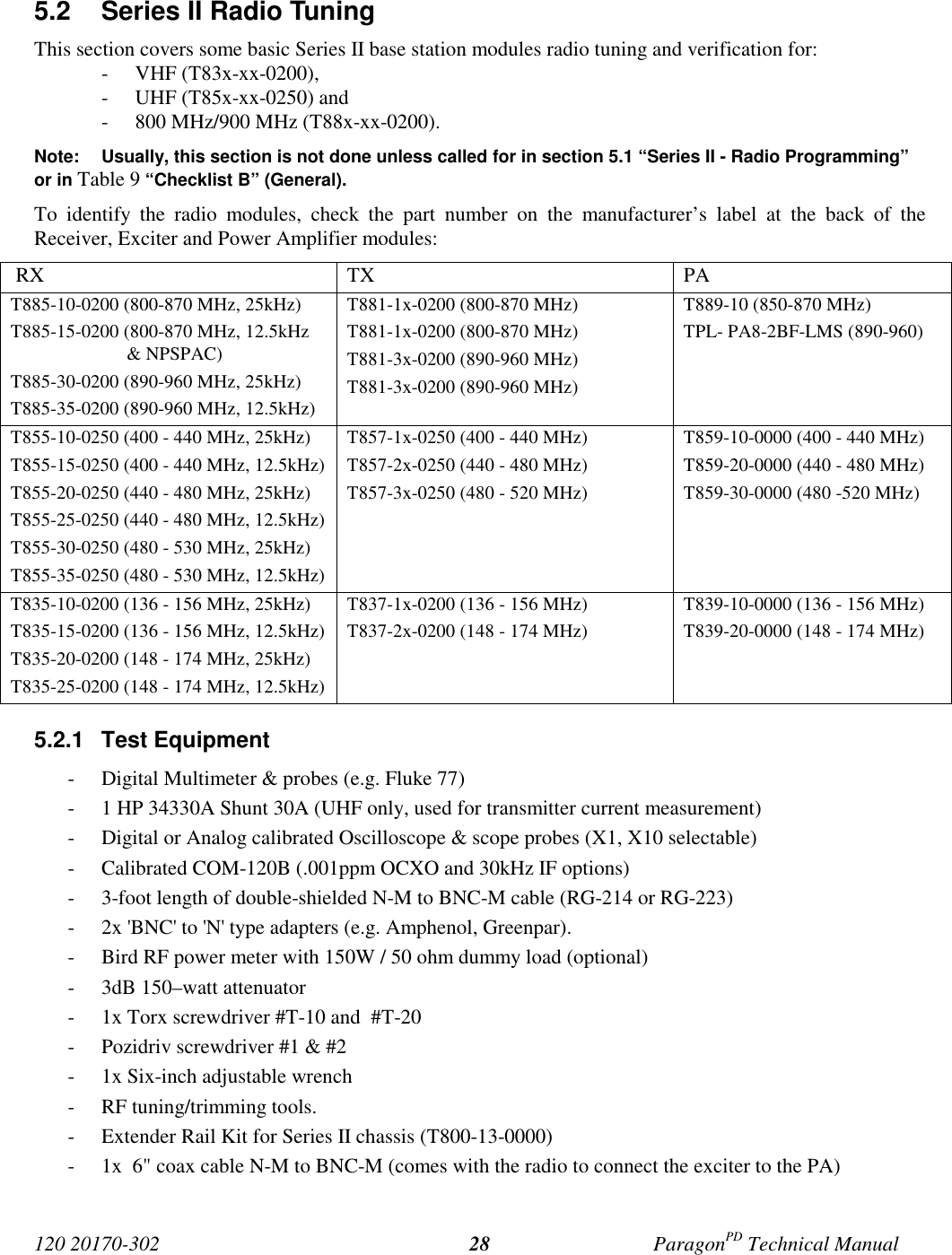 120 20170-302 ParagonPD Technical Manual285.2  Series II Radio TuningThis section covers some basic Series II base station modules radio tuning and verification for:- VHF (T83x-xx-0200),- UHF (T85x-xx-0250) and- 800 MHz/900 MHz (T88x-xx-0200).Note: Usually, this section is not done unless called for in section 5.1 “Series II - Radio Programming”or in Table 9 “Checklist B” (General).To identify the radio modules, check the part number on the manufacturer’s label at the back of theReceiver, Exciter and Power Amplifier modules: RX TX PAT885-10-0200 (800-870 MHz, 25kHz)T885-15-0200 (800-870 MHz, 12.5kHz&amp; NPSPAC)T885-30-0200 (890-960 MHz, 25kHz)T885-35-0200 (890-960 MHz, 12.5kHz)T881-1x-0200 (800-870 MHz)T881-1x-0200 (800-870 MHz)T881-3x-0200 (890-960 MHz)T881-3x-0200 (890-960 MHz)T889-10 (850-870 MHz)TPL- PA8-2BF-LMS (890-960)T855-10-0250 (400 - 440 MHz, 25kHz)T855-15-0250 (400 - 440 MHz, 12.5kHz)T855-20-0250 (440 - 480 MHz, 25kHz)T855-25-0250 (440 - 480 MHz, 12.5kHz)T855-30-0250 (480 - 530 MHz, 25kHz)T855-35-0250 (480 - 530 MHz, 12.5kHz)T857-1x-0250 (400 - 440 MHz)T857-2x-0250 (440 - 480 MHz)T857-3x-0250 (480 - 520 MHz)T859-10-0000 (400 - 440 MHz)T859-20-0000 (440 - 480 MHz)T859-30-0000 (480 -520 MHz)T835-10-0200 (136 - 156 MHz, 25kHz)T835-15-0200 (136 - 156 MHz, 12.5kHz)T835-20-0200 (148 - 174 MHz, 25kHz)T835-25-0200 (148 - 174 MHz, 12.5kHz)T837-1x-0200 (136 - 156 MHz)T837-2x-0200 (148 - 174 MHz)T839-10-0000 (136 - 156 MHz)T839-20-0000 (148 - 174 MHz)5.2.1 Test Equipment- Digital Multimeter &amp; probes (e.g. Fluke 77)- 1 HP 34330A Shunt 30A (UHF only, used for transmitter current measurement)- Digital or Analog calibrated Oscilloscope &amp; scope probes (X1, X10 selectable)- Calibrated COM-120B (.001ppm OCXO and 30kHz IF options)- 3-foot length of double-shielded N-M to BNC-M cable (RG-214 or RG-223)- 2x &apos;BNC&apos; to &apos;N&apos; type adapters (e.g. Amphenol, Greenpar).- Bird RF power meter with 150W / 50 ohm dummy load (optional)- 3dB 150–watt attenuator- 1x Torx screwdriver #T-10 and  #T-20- Pozidriv screwdriver #1 &amp; #2- 1x Six-inch adjustable wrench- RF tuning/trimming tools.- Extender Rail Kit for Series II chassis (T800-13-0000)- 1x  6&quot; coax cable N-M to BNC-M (comes with the radio to connect the exciter to the PA)