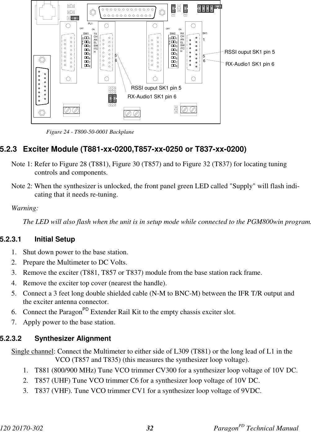 120 20170-302 ParagonPD Technical Manual32Figure 24 - T800-50-0001 Backplane5.2.3  Exciter Module (T881-xx-0200,T857-xx-0250 or T837-xx-0200)Note 1: Refer to Figure 28 (T881), Figure 30 (T857) and to Figure 32 (T837) for locating tuningcontrols and components.Note 2: When the synthesizer is unlocked, the front panel green LED called &quot;Supply&quot; will flash indi-cating that it needs re-tuning.Warning: The LED will also flash when the unit is in setup mode while connected to the PGM800win program.5.2.3.1 Initial Setup1. Shut down power to the base station.2. Prepare the Multimeter to DC Volts.3. Remove the exciter (T881, T857 or T837) module from the base station rack frame.4. Remove the exciter top cover (nearest the handle).5. Connect a 3 feet long double shielded cable (N-M to BNC-M) between the IFR T/R output andthe exciter antenna connector.6. Connect the ParagonPD Extender Rail Kit to the empty chassis exciter slot.7. Apply power to the base station.5.2.3.2 Synthesizer AlignmentSingle channel: Connect the Multimeter to either side of L309 (T881) or the long lead of L1 in theVCO (T857 and T835) (this measures the synthesizer loop voltage).1. T881 (800/900 MHz) Tune VCO trimmer CV300 for a synthesizer loop voltage of 10V DC.2. T857 (UHF) Tune VCO trimmer C6 for a synthesizer loop voltage of 10V DC.3. T837 (VHF). Tune VCO trimmer CV1 for a synthesizer loop voltage of 9VDC.12345678OFF12345678OFFSW2SW1 RXCHANELSWITCHTXCHANELSWITCHOFF ON OFF ONPL1SK1156RSSI ouput SK1 pin 5RX-Audio1 SK1 pin 656RX-Audio1 SK1 pin 6RSSI ouput SK1 pin 5