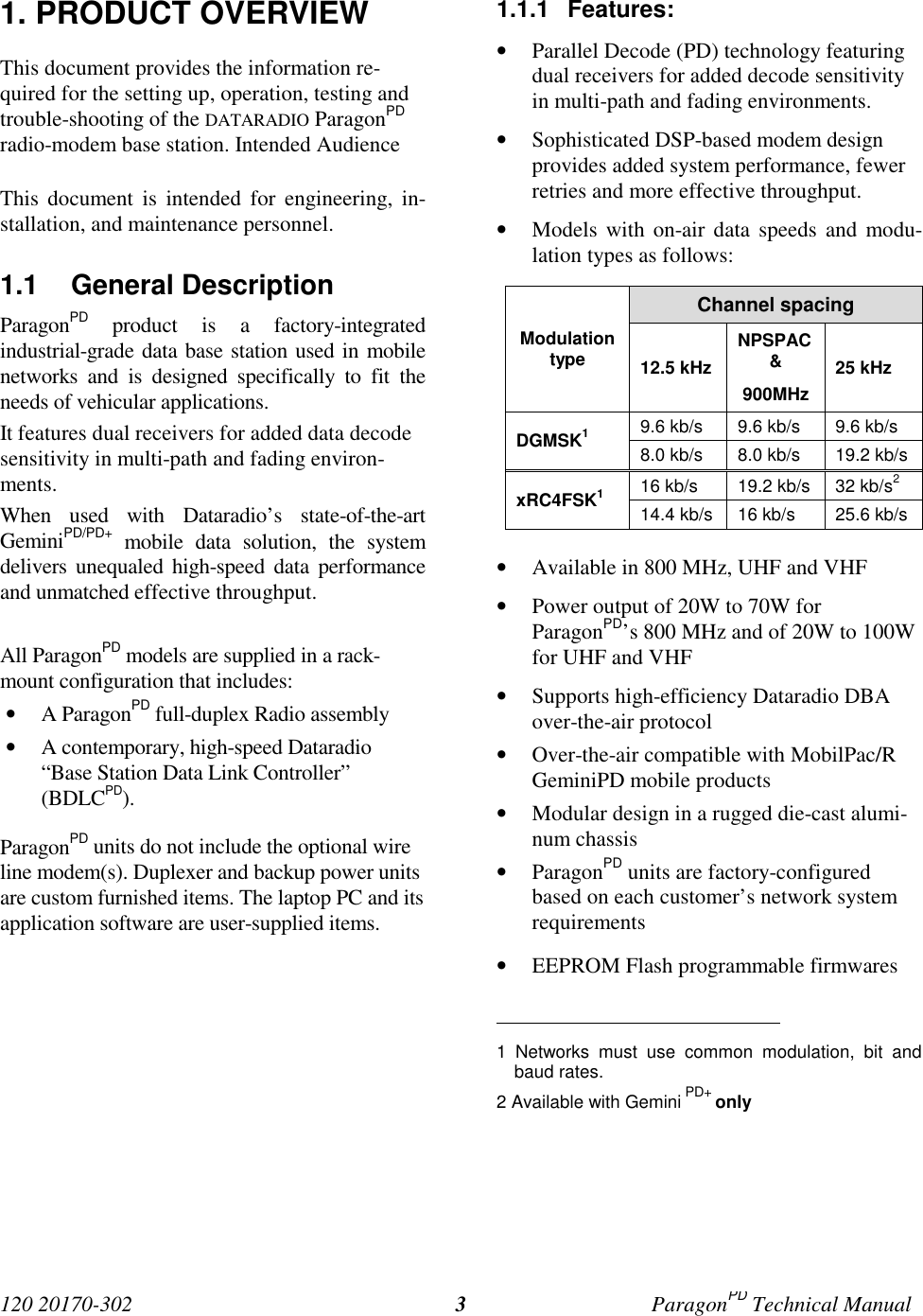 120 20170-302 ParagonPD Technical Manual31. PRODUCT OVERVIEWThis document provides the information re-quired for the setting up, operation, testing andtrouble-shooting of the DATARADIO ParagonPDradio-modem base station. Intended AudienceThis document is intended for engineering, in-stallation, and maintenance personnel.1.1 General DescriptionParagonPD product is a factory-integratedindustrial-grade data base station used in mobilenetworks and is designed specifically to fit theneeds of vehicular applications.It features dual receivers for added data decodesensitivity in multi-path and fading environ-ments.When used with Dataradio’s state-of-the-artGeminiPD/PD+ mobile data solution, the systemdelivers unequaled high-speed data performanceand unmatched effective throughput.All ParagonPD models are supplied in a rack-mount configuration that includes:• A ParagonPD full-duplex Radio assembly• A contemporary, high-speed Dataradio“Base Station Data Link Controller”(BDLCPD).ParagonPD units do not include the optional wireline modem(s). Duplexer and backup power unitsare custom furnished items. The laptop PC and itsapplication software are user-supplied items.1.1.1 Features:• Parallel Decode (PD) technology featuringdual receivers for added decode sensitivityin multi-path and fading environments.• Sophisticated DSP-based modem designprovides added system performance, fewerretries and more effective throughput.• Models with on-air data speeds and modu-lation types as follows:Channel spacingModulationtype 12.5 kHzNPSPAC&amp;900MHz25 kHz9.6 kb/s 9.6 kb/s 9.6 kb/sDGMSK18.0 kb/s 8.0 kb/s 19.2 kb/s16 kb/s 19.2 kb/s 32 kb/s2xRC4FSK114.4 kb/s 16 kb/s 25.6 kb/s• Available in 800 MHz, UHF and VHF• Power output of 20W to 70W forParagonPD’s 800 MHz and of 20W to 100Wfor UHF and VHF• Supports high-efficiency Dataradio DBAover-the-air protocol• Over-the-air compatible with MobilPac/RGeminiPD mobile products• Modular design in a rugged die-cast alumi-num chassis• ParagonPD units are factory-configuredbased on each customer’s network systemrequirements• EEPROM Flash programmable firmwares                                           1 Networks must use common modulation, bit andbaud rates.2 Available with Gemini PD+ only