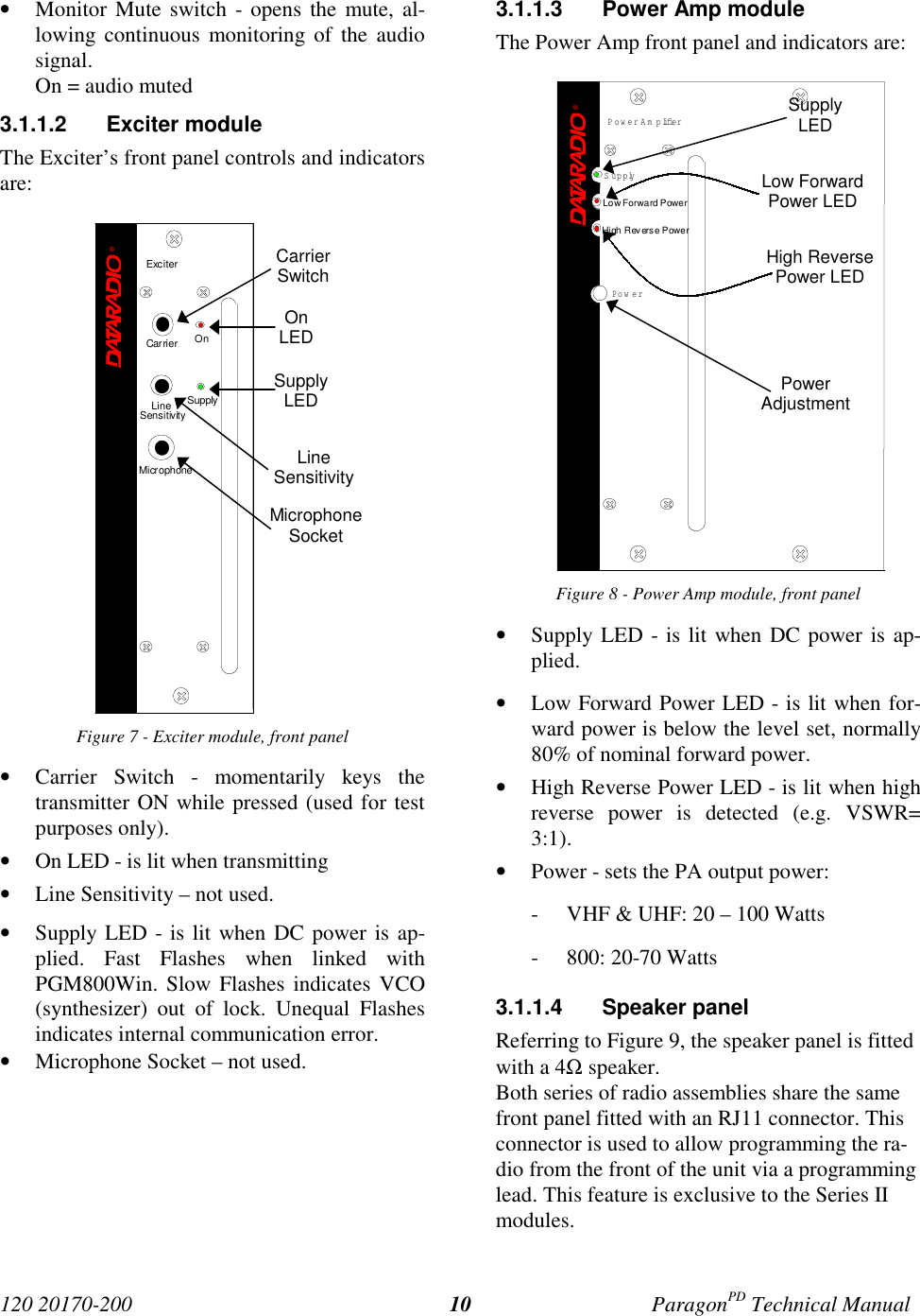 120 20170-200 ParagonPD Technical Manual10• Monitor Mute switch - opens the mute, al-lowing continuous monitoring of the audiosignal.On = audio muted3.1.1.2 Exciter moduleThe Exciter’s front panel controls and indicatorsare:Figure 7 - Exciter module, front panel• Carrier Switch - momentarily keys thetransmitter ON while pressed (used for testpurposes only).• On LED - is lit when transmitting• Line Sensitivity – not used.• Supply LED - is lit when DC power is ap-plied. Fast Flashes when linked withPGM800Win. Slow Flashes indicates VCO(synthesizer) out of lock. Unequal Flashesindicates internal communication error.• Microphone Socket – not used.3.1.1.3 Power Amp moduleThe Power Amp front panel and indicators are:Figure 8 - Power Amp module, front panel• Supply LED - is lit when DC power is ap-plied.• Low Forward Power LED - is lit when for-ward power is below the level set, normally80% of nominal forward power.• High Reverse Power LED - is lit when highreverse power is detected (e.g. VSWR=3:1).• Power - sets the PA output power:- VHF & UHF: 20 – 100 Watts- 800: 20-70 Watts3.1.1.4 Speaker panelReferring to Figure 9, the speaker panel is fittedwith a 4Ω speaker.Both series of radio assemblies share the samefront panel fitted with an RJ11 connector. Thisconnector is used to allow programming the ra-dio from the front of the unit via a programminglead. This feature is exclusive to the Series IImodules.CarrierSwitchOnLEDSupplyLEDLineSensitivityMicrophoneSocket®ExciterCarrier OnLineSensitivitySupplyMicrophone®Power Am plifierLow Forward PowerSupplyHigh Rev erse PowerPow erSupplyLEDLow ForwardPower LEDHigh ReversePower LEDPowerAdjustment