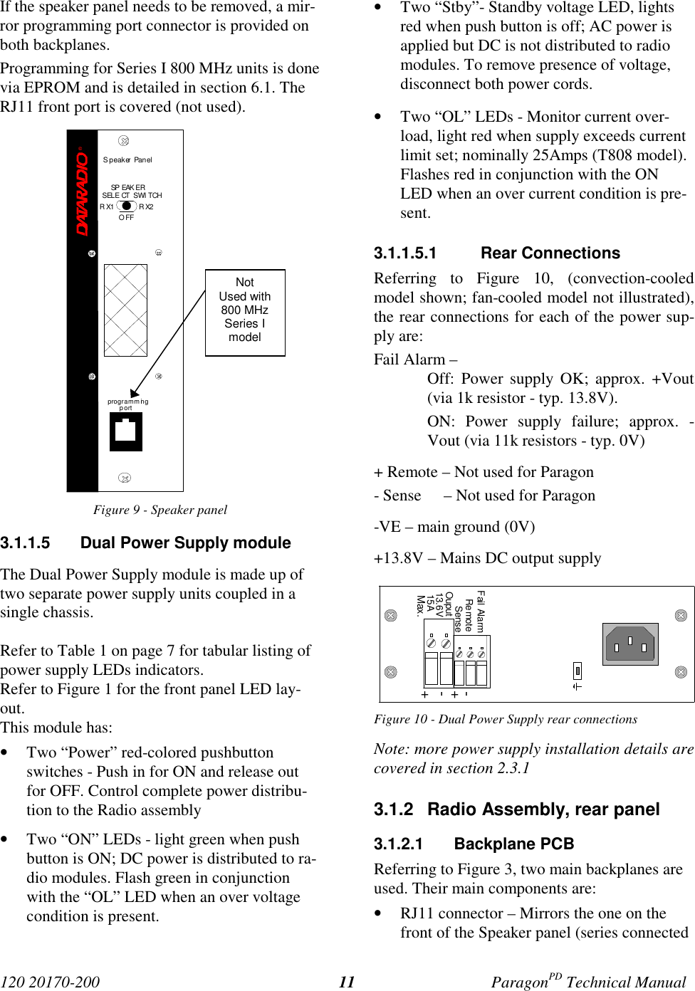 120 20170-200 ParagonPD Technical Manual11If the speaker panel needs to be removed, a mir-ror programming port connector is provided onboth backplanes.Programming for Series I 800 MHz units is donevia EPROM and is detailed in section 6.1. TheRJ11 front port is covered (not used).Figure 9 - Speaker panel3.1.1.5 Dual Power Supply moduleThe Dual Power Supply module is made up oftwo separate power supply units coupled in asingle chassis.Refer to Table 1 on page 7 for tabular listing ofpower supply LEDs indicators.Refer to Figure 1 for the front panel LED lay-out.This module has:• Two “Power” red-colored pushbuttonswitches - Push in for ON and release outfor OFF. Control complete power distribu-tion to the Radio assembly• Two “ON” LEDs - light green when pushbutton is ON; DC power is distributed to ra-dio modules. Flash green in conjunctionwith the “OL” LED when an over voltagecondition is present.• Two “Stby”- Standby voltage LED, lightsred when push button is off; AC power isapplied but DC is not distributed to radiomodules. To remove presence of voltage,disconnect both power cords.• Two “OL” LEDs - Monitor current over-load, light red when supply exceeds currentlimit set; nominally 25Amps (T808 model).Flashes red in conjunction with the ONLED when an over current condition is pre-sent.3.1.1.5.1 Rear ConnectionsReferring to Figure 10, (convection-cooledmodel shown; fan-cooled model not illustrated),the rear connections for each of the power sup-ply are:Fail Alarm –Off: Power supply OK; approx. +Vout(via 1k resistor - typ. 13.8V).ON: Power supply failure; approx. -Vout (via 11k resistors - typ. 0V)+ Remote – Not used for Paragon- Sense – Not used for Paragon-VE – main ground (0V)+13.8V – Mains DC output supplyFigure 10 - Dual Power Supply rear connectionsNote: more power supply installation details arecovered in section 2.3.13.1.2 Radio Assembly, rear panel3.1.2.1 Backplane PCBReferring to Figure 3, two main backplanes areused. Their main components are:• RJ11 connector – Mirrors the one on thefront of the Speaker panel (series connected15A +-OuputSense +-Re moteFail Alarm13.6VMax.®S peaker Panelprogramm ingportRX2RX1OFFSP EAK ERSELE CT SWI TCHNotUsed with800 MHzSeries Imodel