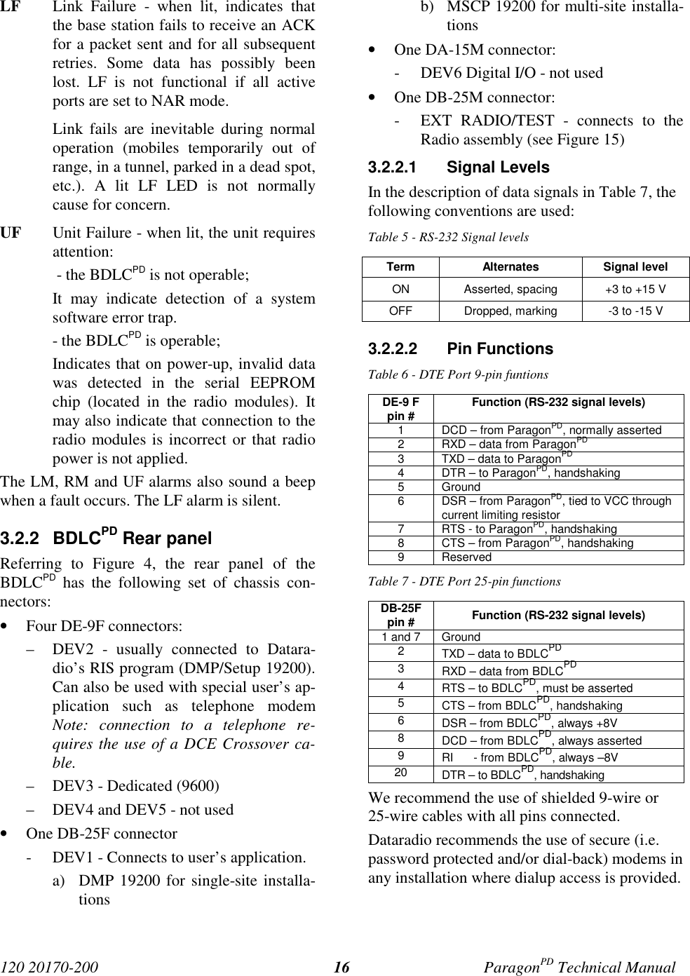 120 20170-200 ParagonPD Technical Manual16LF Link Failure - when lit, indicates thatthe base station fails to receive an ACKfor a packet sent and for all subsequentretries. Some data has possibly beenlost. LF is not functional if all activeports are set to NAR mode.Link fails are inevitable during normaloperation (mobiles temporarily out ofrange, in a tunnel, parked in a dead spot,etc.). A lit LF LED is not normallycause for concern.UF Unit Failure - when lit, the unit requiresattention: - the BDLCPD is not operable;It may indicate detection of a systemsoftware error trap.- the BDLCPD is operable;Indicates that on power-up, invalid datawas detected in the serial EEPROMchip (located in the radio modules). Itmay also indicate that connection to theradio modules is incorrect or that radiopower is not applied.The LM, RM and UF alarms also sound a beepwhen a fault occurs. The LF alarm is silent.3.2.2 BDLCPD Rear panelReferring to Figure 4, the rear panel of theBDLCPD has the following set of chassis con-nectors:• Four DE-9F connectors:– DEV2 - usually connected to Datara-dio’s RIS program (DMP/Setup 19200).Can also be used with special user’s ap-plication such as telephone modemNote: connection to a telephone re-quires the use of a DCE Crossover ca-ble.– DEV3 - Dedicated (9600)– DEV4 and DEV5 - not used• One DB-25F connector- DEV1 - Connects to user’s application.a) DMP 19200 for single-site installa-tionsb) MSCP 19200 for multi-site installa-tions• One DA-15M connector:- DEV6 Digital I/O - not used• One DB-25M connector:- EXT RADIO/TEST - connects to theRadio assembly (see Figure 15)3.2.2.1 Signal LevelsIn the description of data signals in Table 7, thefollowing conventions are used:Table 5 - RS-232 Signal levelsTerm Alternates Signal levelON Asserted, spacing +3 to +15 VOFF Dropped, marking -3 to -15 V3.2.2.2 Pin FunctionsTable 6 - DTE Port 9-pin funtionsDE-9 Fpin # Function (RS-232 signal levels)1 DCD – from ParagonPD, normally asserted2 RXD – data from ParagonPD3 TXD – data to ParagonPD4 DTR – to ParagonPD, handshaking5 Ground6 DSR – from ParagonPD, tied to VCC throughcurrent limiting resistor7 RTS - to ParagonPD, handshaking8 CTS – from ParagonPD, handshaking9 ReservedTable 7 - DTE Port 25-pin functionsDB-25Fpin # Function (RS-232 signal levels)1 and 7 Ground2TXD – data to BDLCPD3RXD – data from BDLCPD4RTS – to BDLCPD, must be asserted5CTS – from BDLCPD, handshaking6DSR – from BDLCPD, always +8V8DCD – from BDLCPD, always asserted9RI - from BDLCPD, always –8V20 DTR – to BDLCPD, handshakingWe recommend the use of shielded 9-wire or25-wire cables with all pins connected.Dataradio recommends the use of secure (i.e.password protected and/or dial-back) modems inany installation where dialup access is provided.